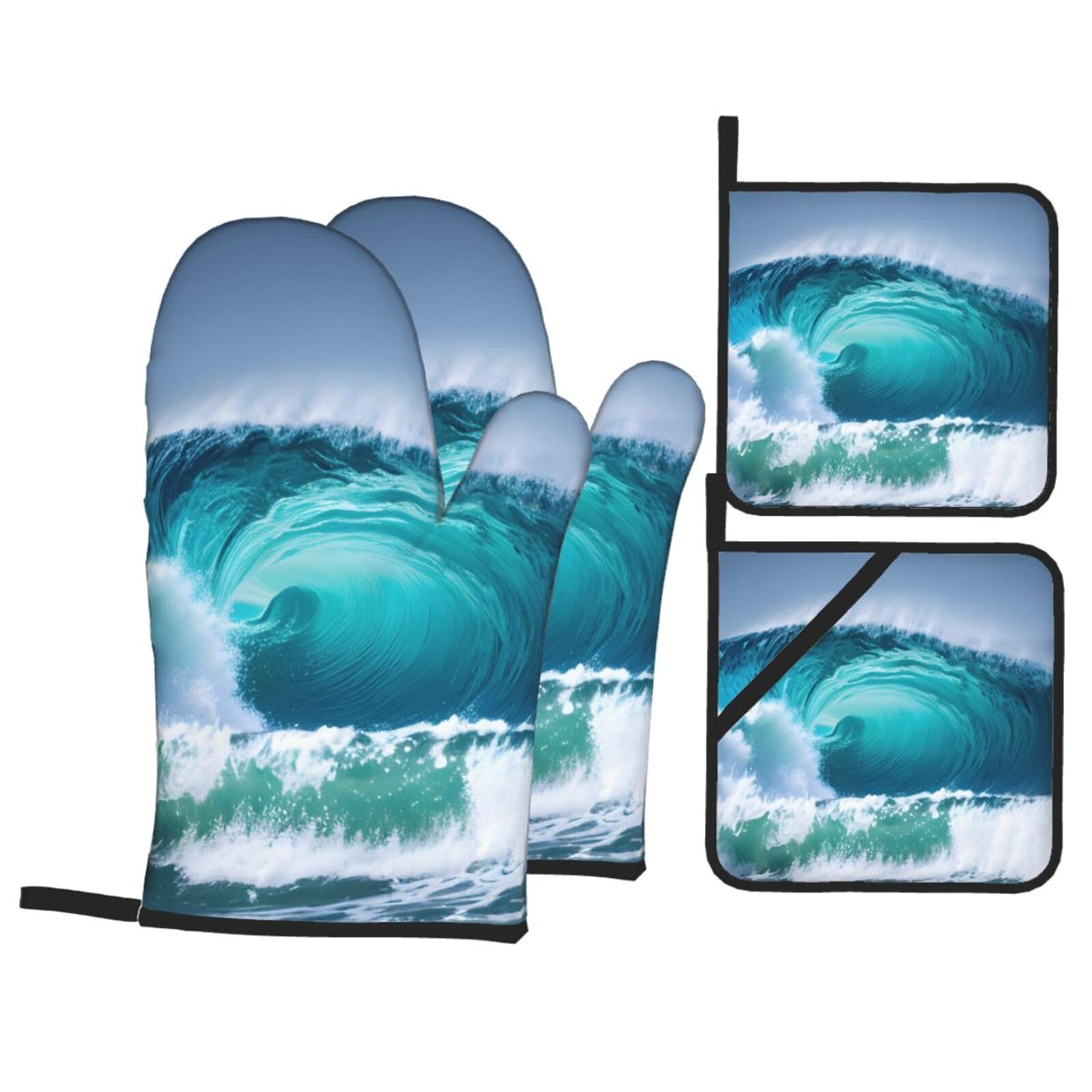 Ocean Wave Print 4-Piece Heat-Resistant Oven Waterproof Kitchen Gloves Cooking Roasting Essential
