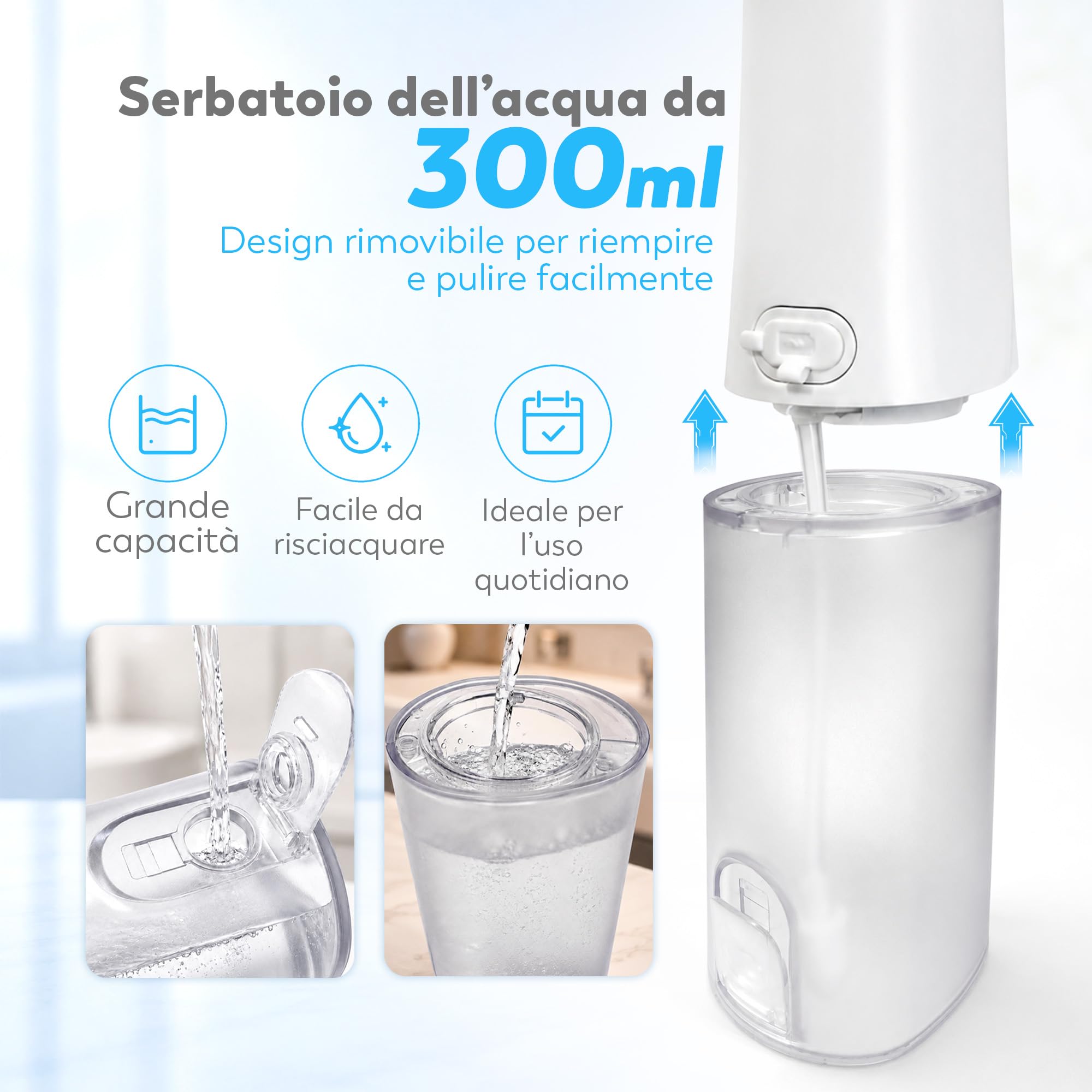 Ultracare Plus - Irrigatore orale professionale con 5 modalità, 8 ugelli, serbatoio acqua da 250 ml, ricaricabile tramite USB, borsa da viaggio inclusa (bianco)