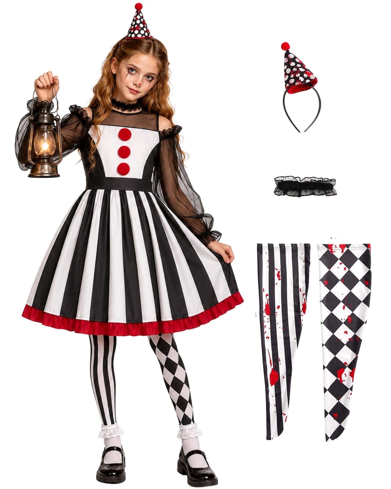 BOVOSHA Girls Halloween Clown Costume Scary Dress Outfit Halloween Costumes for Kids Cosplay Party (Black, 12-14T)