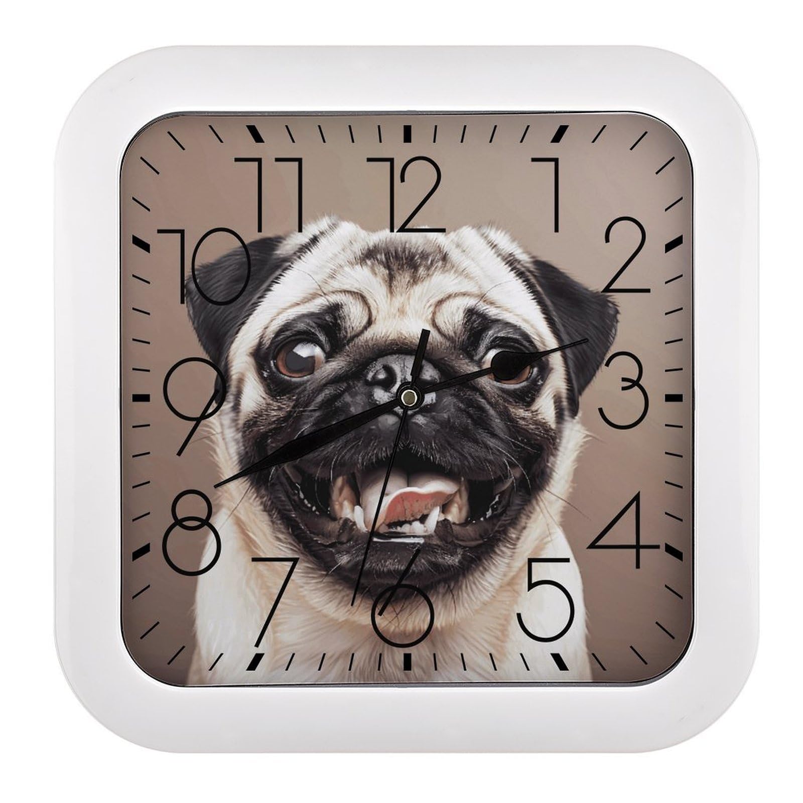 MUSM 10.2 X 10.2 Inch Modern Funny Happy Pug Dog Wall Clock Battery Operated High Accuracy Decorative Square Clocks for Kitchen Bedroom Living Room Home Office Porch