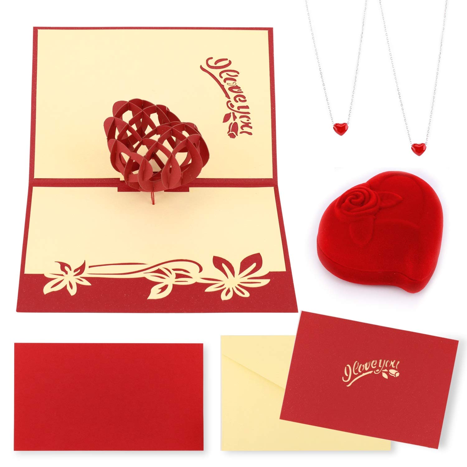 HOWAF Red Heart Pendant Necklace for Women, Girls, and Rose Box, 3D Pop up Heart Card, Necklace Gifts for Her, Girlfriend, Wife, Mum, Lover Gift, Birthday, Anniversary, Mother Day, Valentine's Day