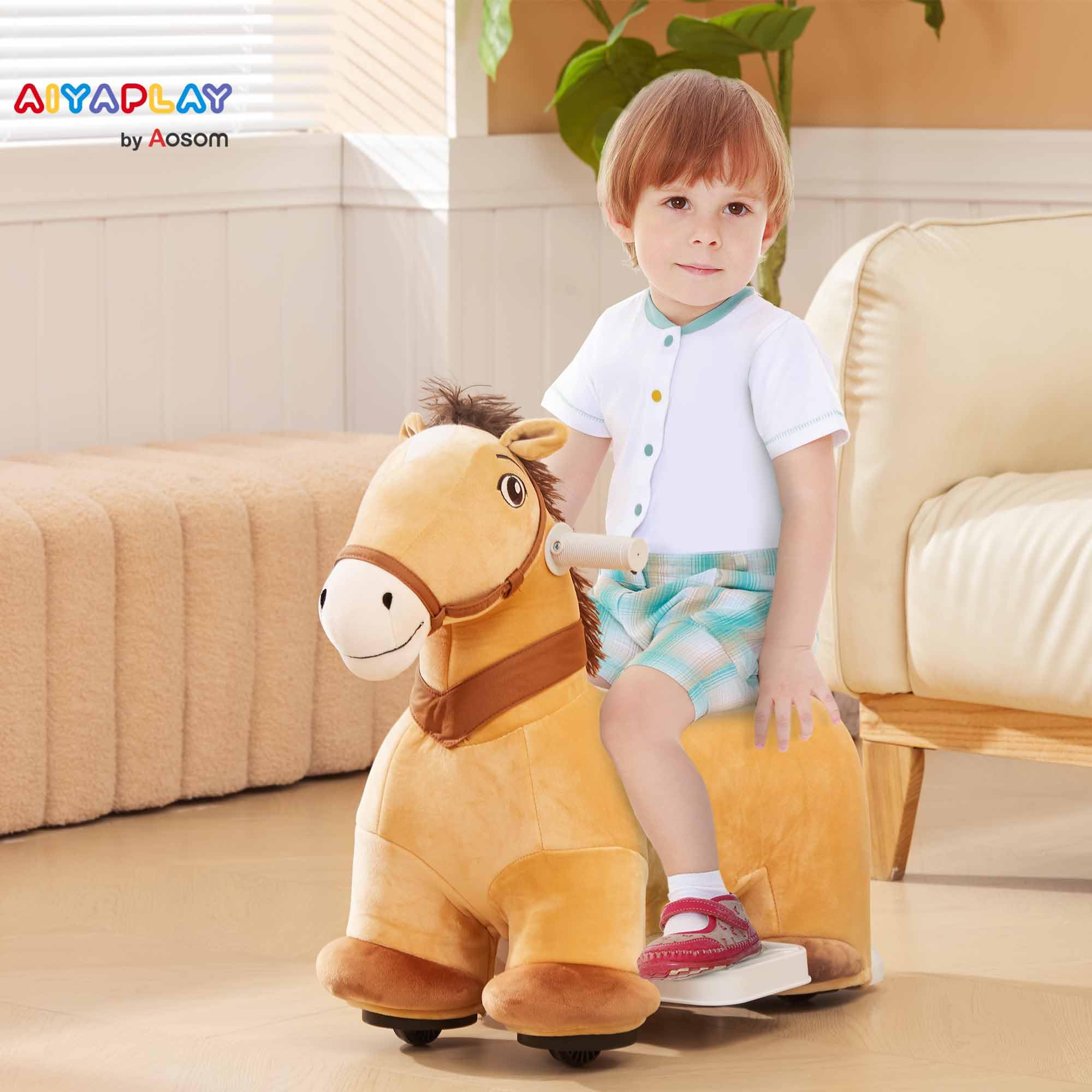 AIYAPLAY Cavallo a Dondolo Elettrico 6V per Bambini da 18-36 Mesi con Musica e Ruote, Cavalluccio a Dondolo Cavalcabile in Poliestere, 69x34x53cm, Marrone