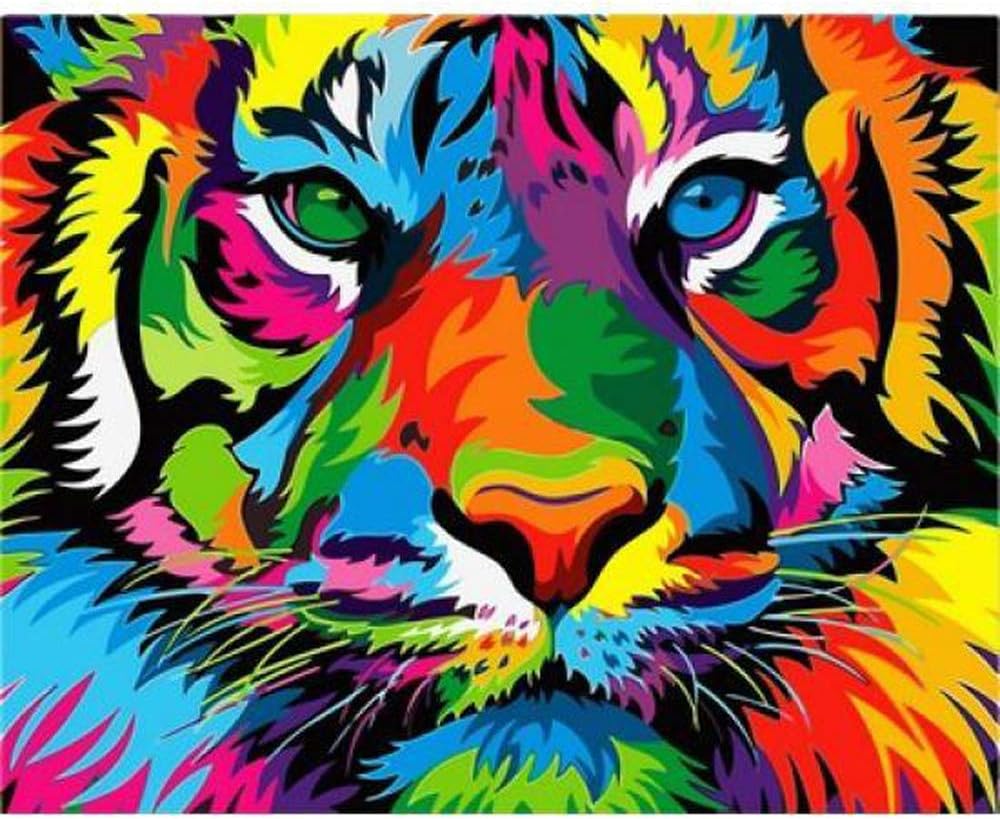 Paint by Numbers for Kids & Adults Beginner iKHome DIY Oil Animals Painting Kits On Canvas /16"x20" Colorful Tiger Pattern [Without Frame]