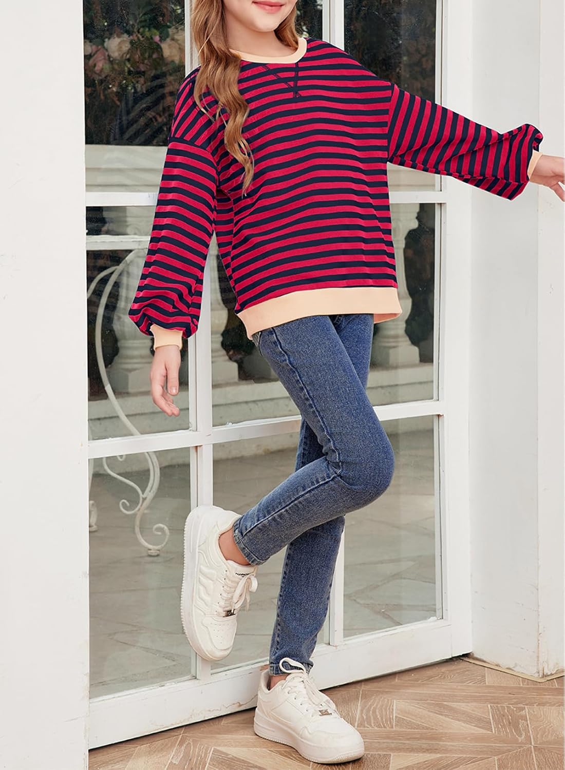 blibean Girls Cotton Long Sleeve Sweathirts Striped Color Block Tops Size 6-15 Years - Image 4