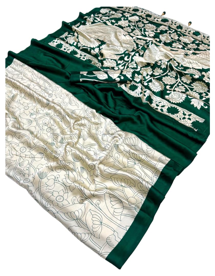 DC ELEMENTS Ajrakh Semi Modal Silk Saree for Women Traditional Indian Ethnic Printed Sari Unstitched Blouse Piece Lightweight (A)