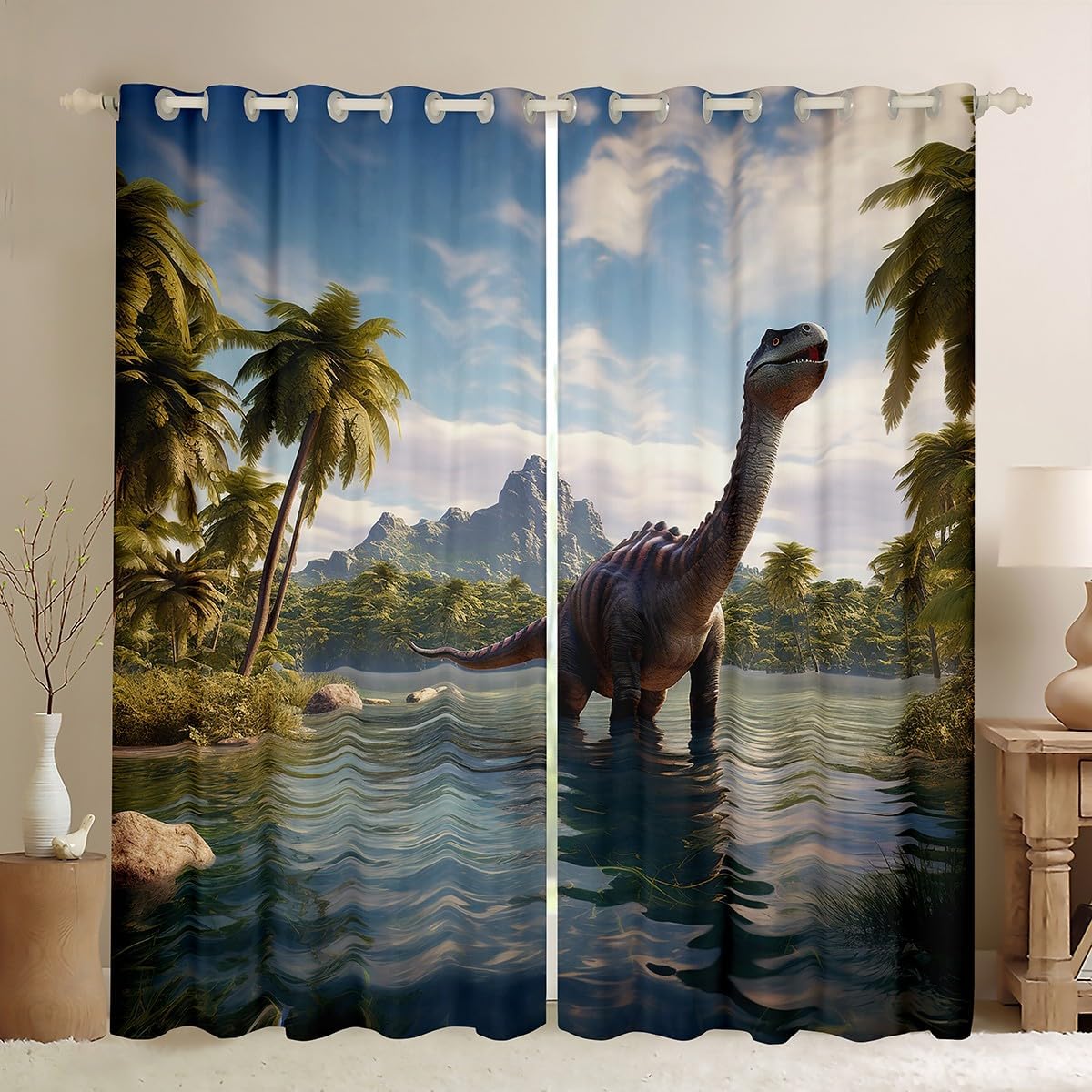 Erosebridal Dinosaur Curtains & Drapes Jungle Wildlife 30%-50% Blackout Curtains for Kids Bedroom Decor, Botanical Tropical Rainforest Curtains Mysterious Magical Dinosaur Window Curtains 38''Wx45''L
