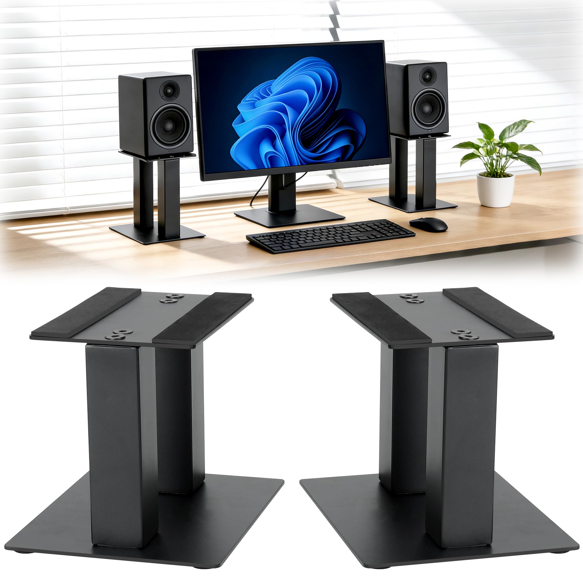Desktop Speaker Stands Pair, Shockproof Speaker Stand Desk with Dual Support, Bookshelf Speakers Steel Studio Monitor Stands, Sturdy Base Metal Riser for Studio Monitors, PC, Gaming, Home Audio