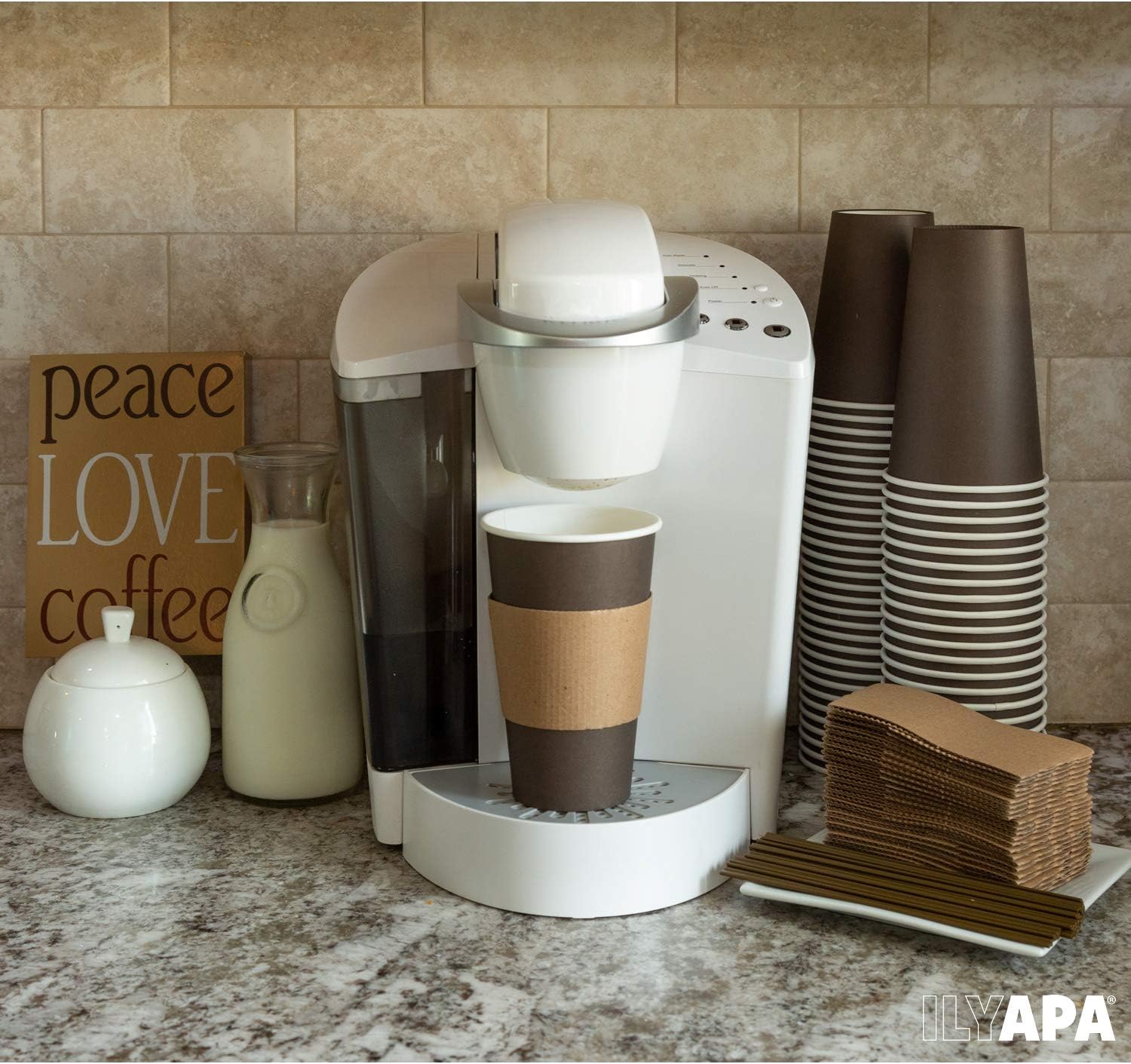 Ilyapa 100 Pack - 16 oz To Go Coffee Cups with Sleeves, Lids & Stirrers - Disposable & Recyclable Brown Paper Travel Coffee Cups