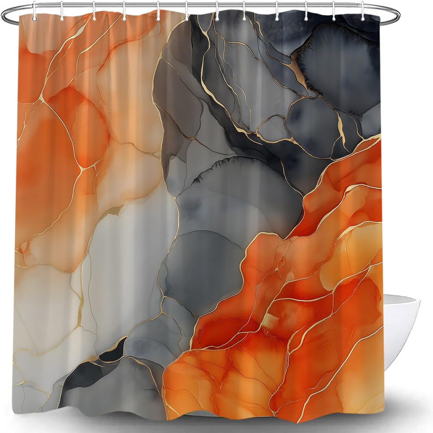 Burnt Orange Marble Shower Curtain Abstract Modern Crack Colorful Luxury Art Ink Texture Bath Curtain with Hooks