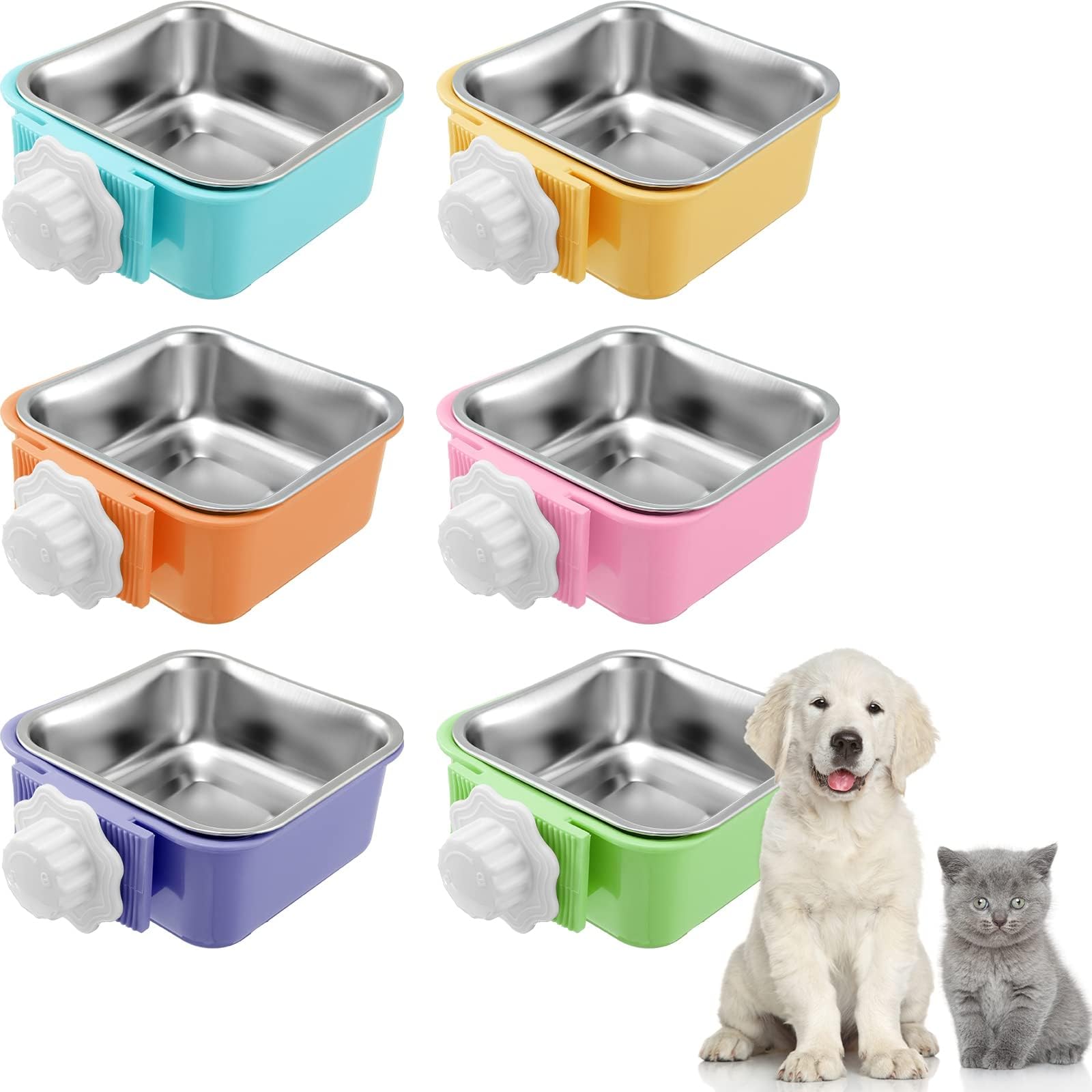 Zopeal 6 Pcs Dog Food Bowl, Small Stainless Steel Crate Dog Water Feeder Bowls Removable Kennel Bowl Hanging Crate Coop Bowls Cage for Puppy, Cat, Bird, Small Animals (Multi Color)