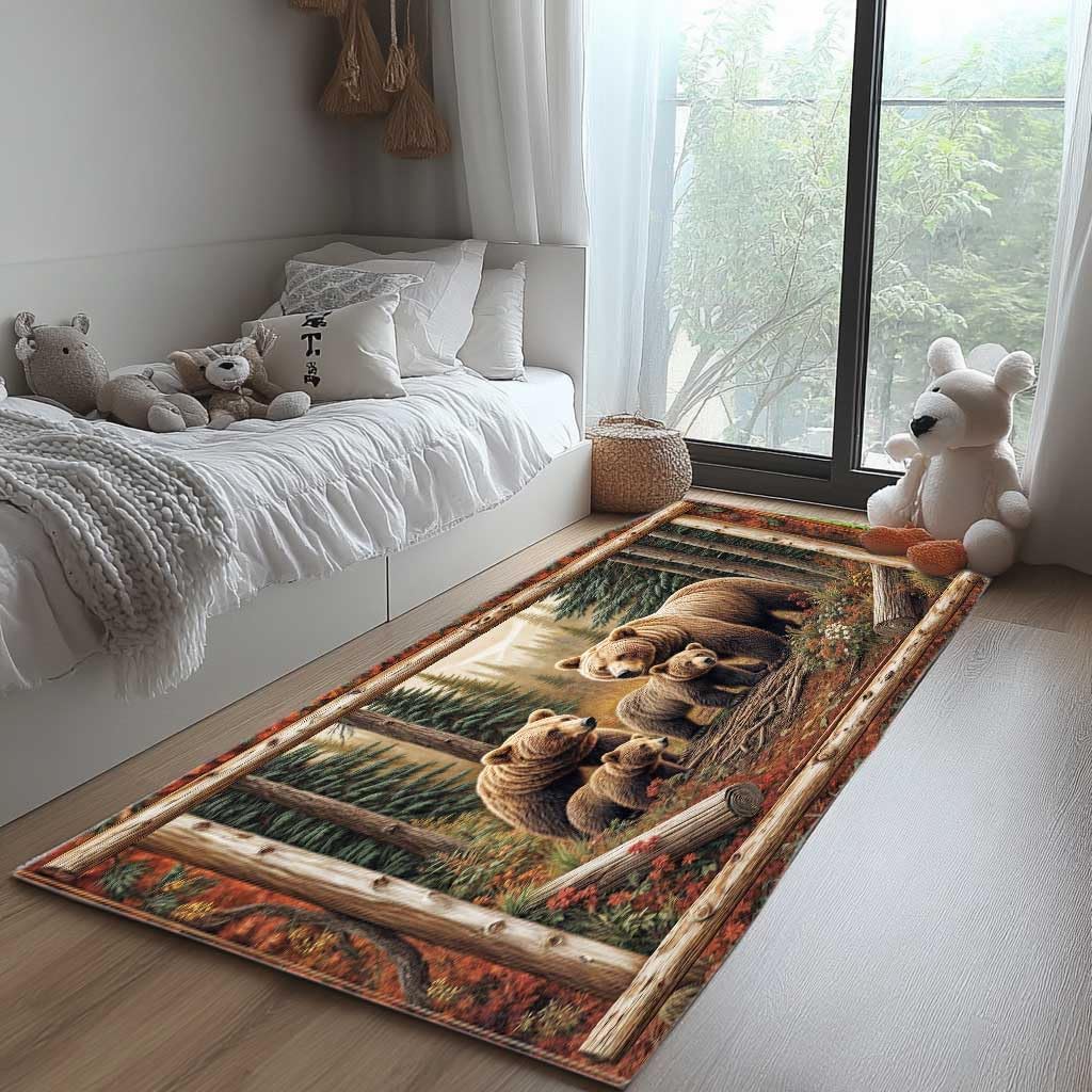 Bear Mat Rug Rustic Cabin Decor Animal Print Floorbirch Woodland Hunting Theme for Bedroom Living Room & Entryway Farmhouse Western Camping Style Brown Bathroom Rugs 17x48 Inch