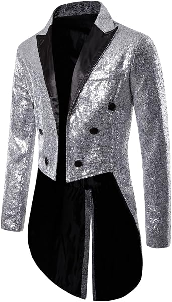 Mens Shiny Sequin Lapel Collar Button Down Blazer Tuxedo Party Club Wedding Prom Dovetail Suit Tailcoat