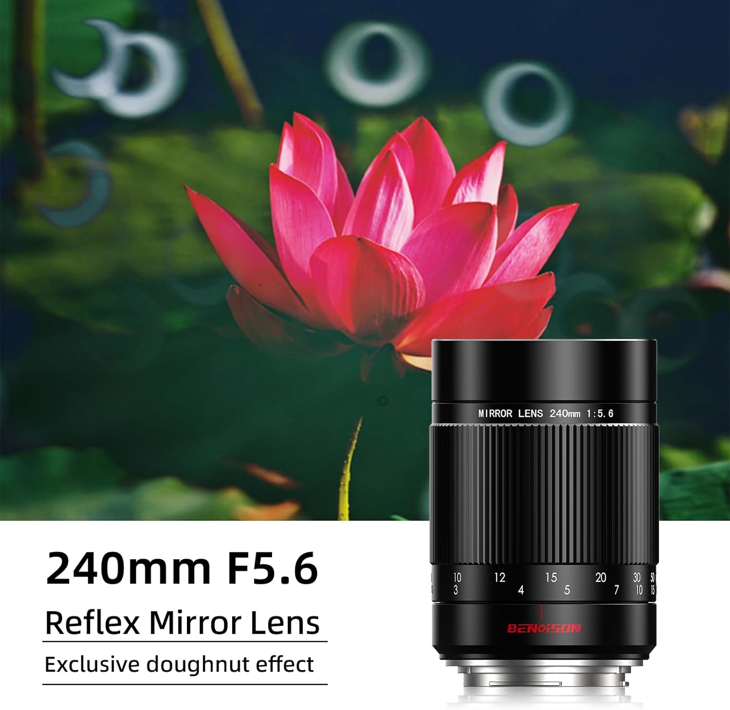 Reflex Mirror Lens Telephoto EF Lens - 240mm f5.6 for Canon EF, Manual Focus (MF) for Canon Rebel T8i T7 T6 4000D 2000D 1300D 850D 800D 600D 550D 90D 80D 77D 70D 50D 6D 55D etc (EF/EF-S Mount)