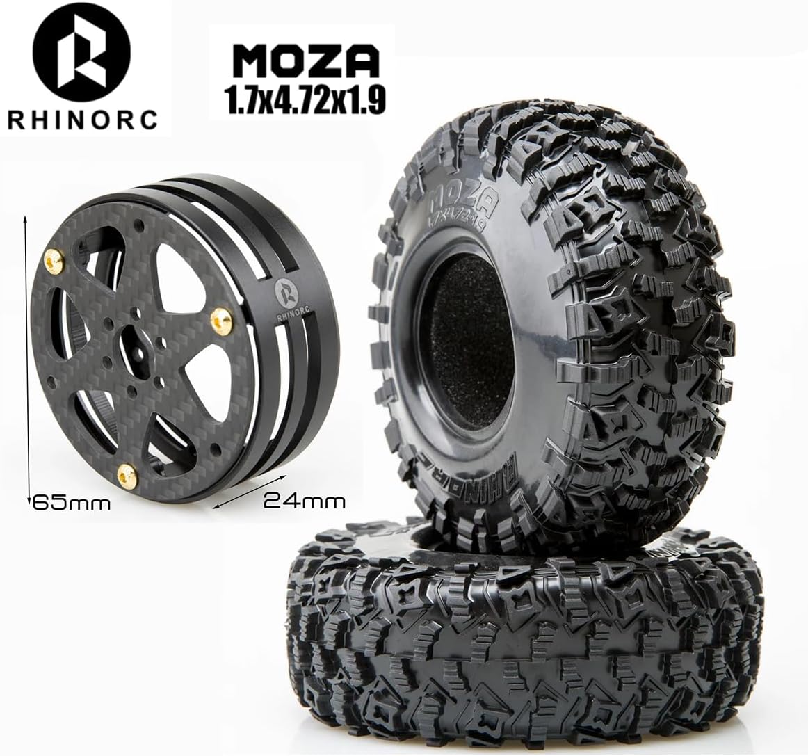 RhinoRC MOZA 1.9inch Competition Tires Super Sticky with Narrow Carbon Fiber Aluminum 2.2 inch Wheel Rim N2401 for Pro and Sporty Class 1/10 RC Crawler Car (1.9inch 4pcs)