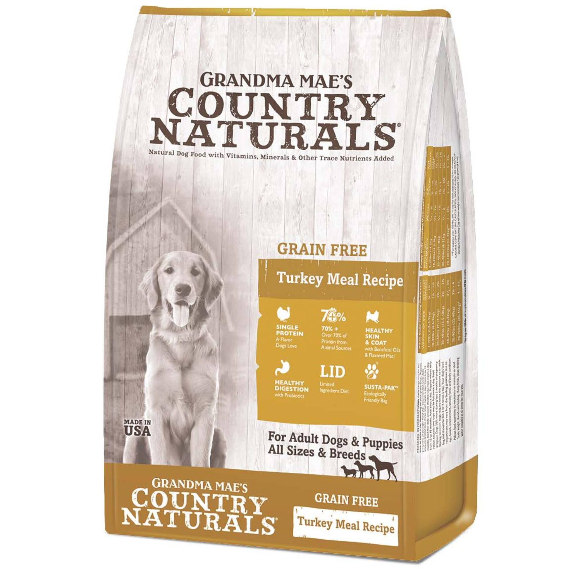 Grandma Mae’s Country Naturals Dry Dog Food, Grain Free Formula, Turkey, Slow Cooked & Nutrient Dense, Made in USA, 25 LB Bag