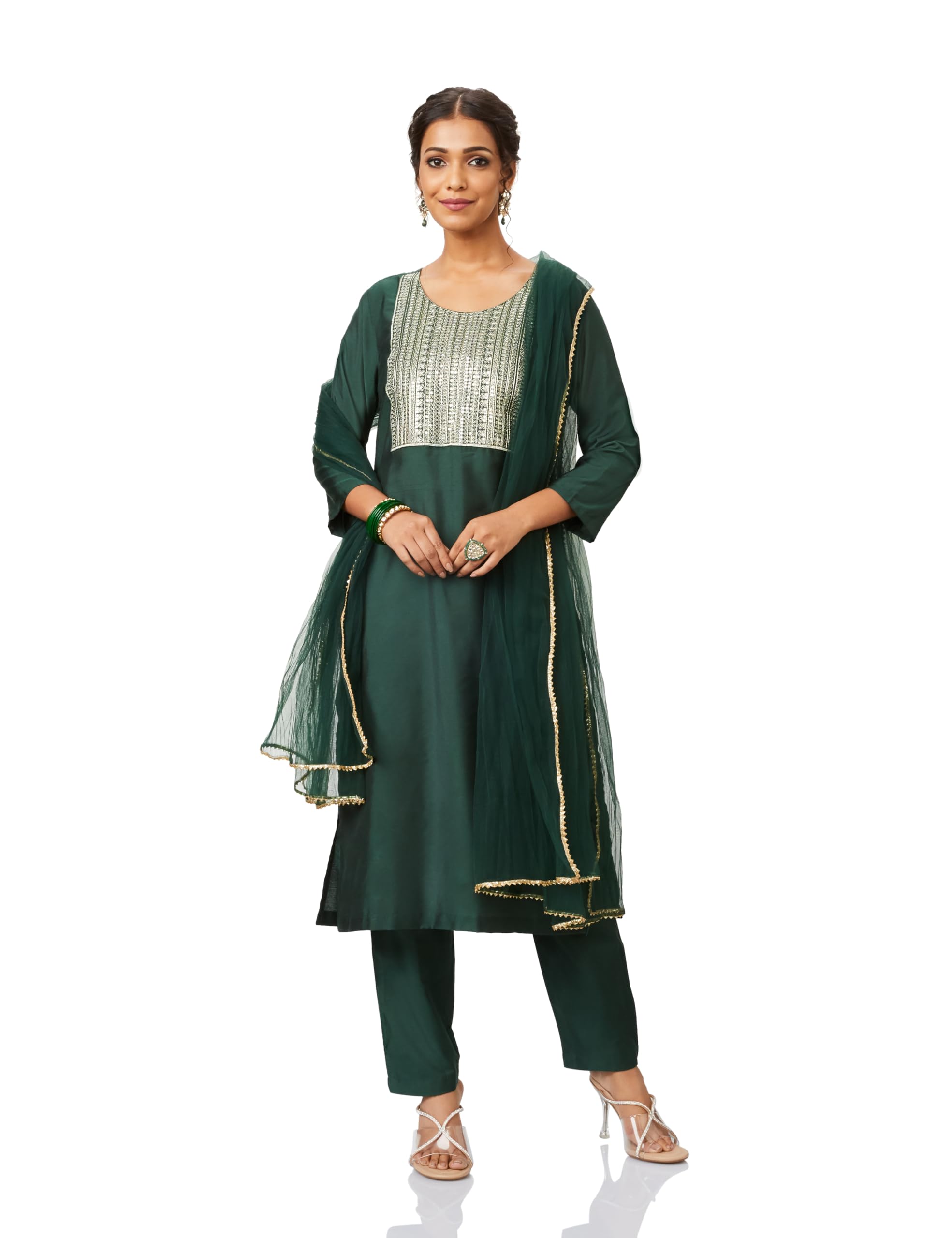 amazon brand - myx Women's Embroidered Kurta Pant Set with Mesh Dupatta (Available in Plus Sizes)-picture-23