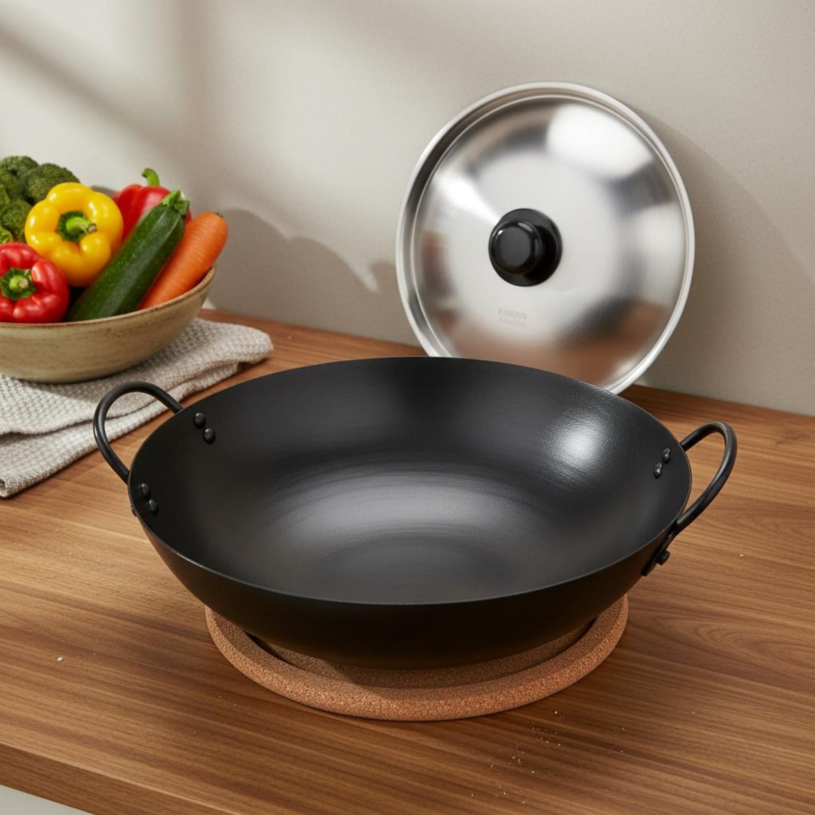 Wok à Deux Wok de Cuisine Poêle Sauteuse Marmite Couvercle en Acier Inoxydable Fer Forgé Non Revêtu Poignées en Boucles Prise Ferme Adapté aux, Noir, Noir, 40 Cm