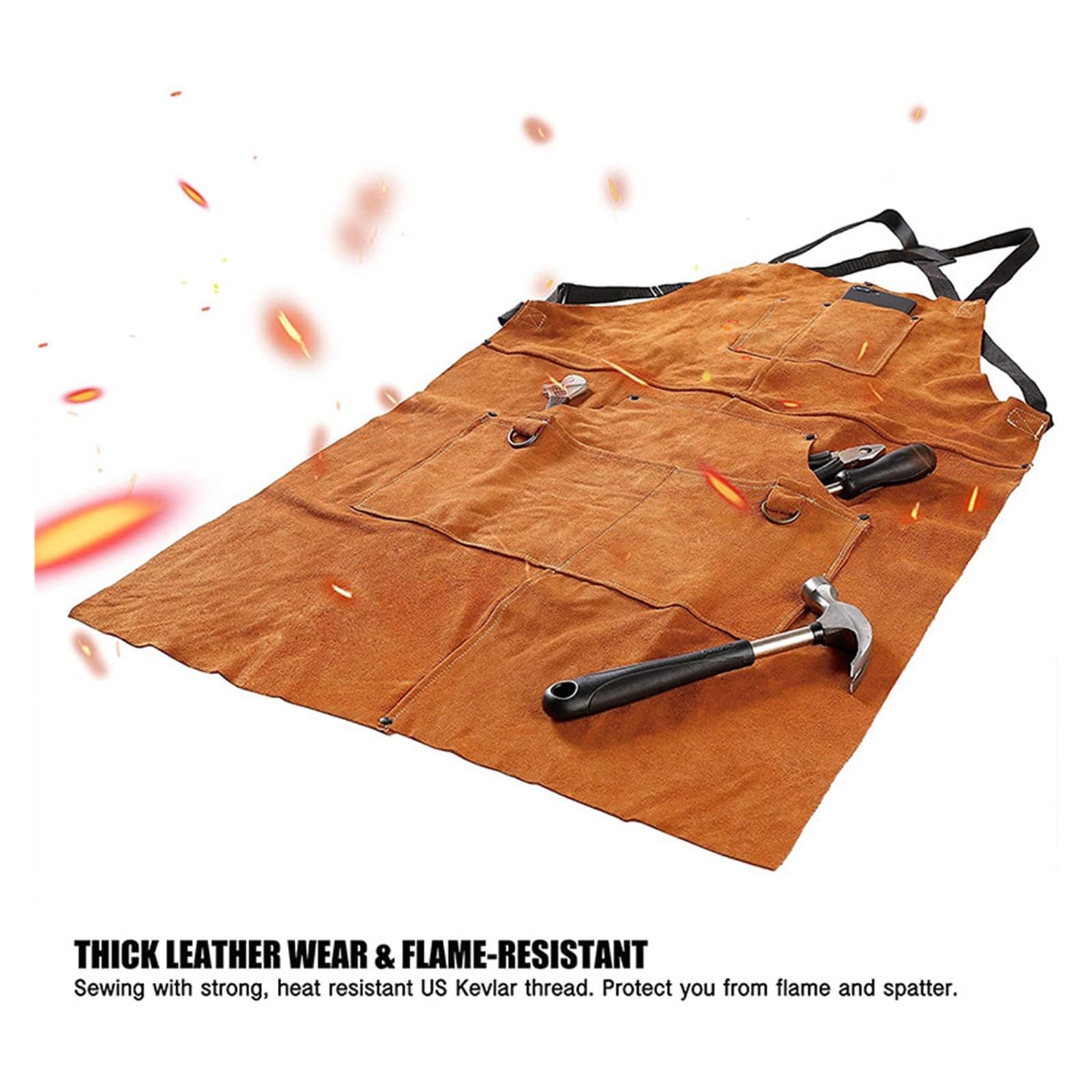 Tablier en cuir robuste à couverture intégrale avec 6 poches outils, résistant la chaleur et aux flammes, for soudure Charpentier, menuisier(Zwart)