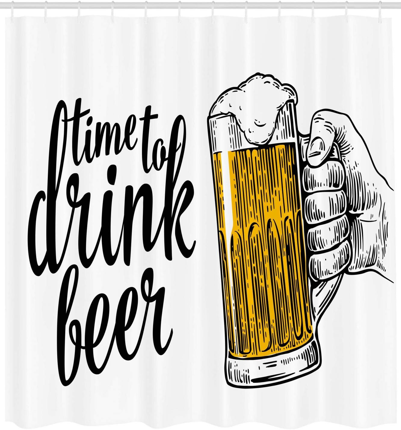 Ambesonne Lifestyle Shower Curtain, Time to Drink Beer Words with a Man Hand Holding The Mug Toast Illustration, Cloth Fabric Bathroom Decor Set with Hooks, 69" W x 84" L, Yellow Black