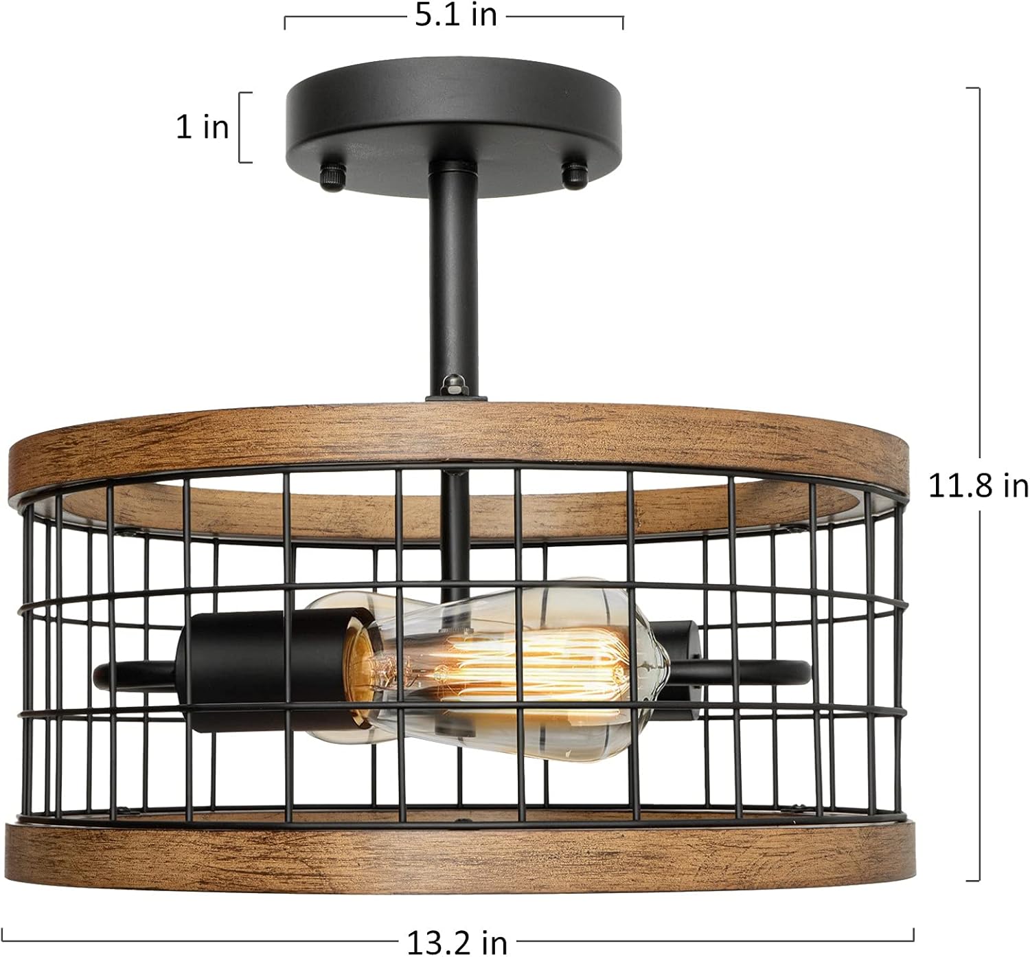 2-Light Farmhouse Semi Flush Mount Ceiling Light Fixture, Rustic Drum Wood Ceiling Lamp for Hallway Kitchen Entryway Foyer Bedroom Laundry Room, Nature Wood Texture and Black Metal Fence Finish