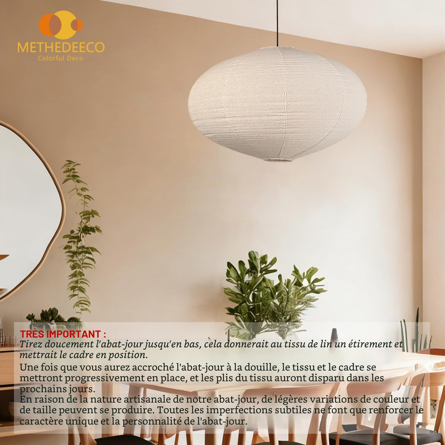 METHEDEECO Abat-jour ovale en lin 50 cm, abat-jour suspendu en tissu fait main pour salon, chambre et salle à manger, style bohème japandi minimaliste, ampoule non incluse