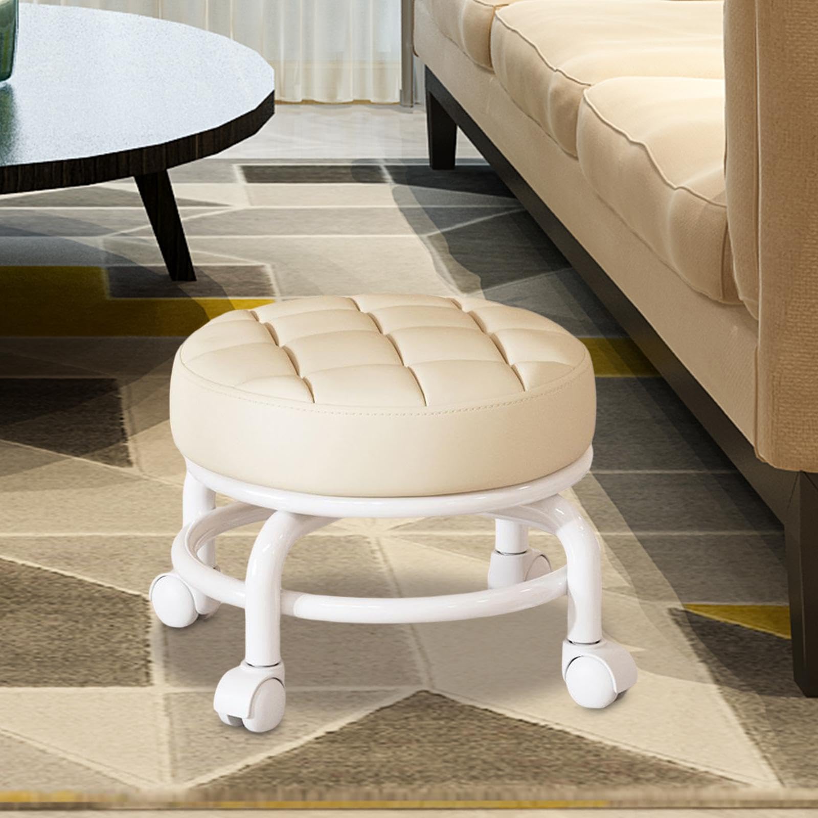 Taburete de rodillos giratorio de 360 ° Taburete para tareas domésticas perezosas Taburete de bajo ruido para niños Poleas pequeñas Taburete Ruedas giratorias, beige