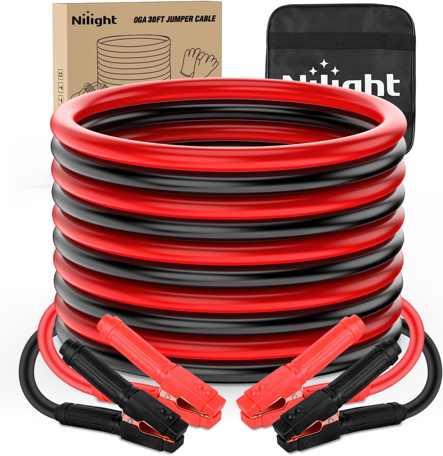 Nilight Jumper Cables for Car Battery 0 Gauge 30 FT Booster Cable Heavy Duty 1000 A CCA with Carrying Bag Jump Start Emergency Kit Pickup Truck RV Vans SUV