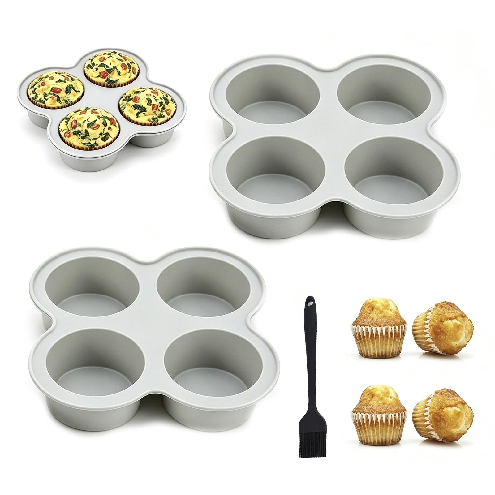 MFSKJELF 2 Pack Air Fryer Egg Bite Molds, Non-Stick Cupcake Moulds BPA Free with 4 Cavity, Silicone Mini Muffin Tray with a Small Oil Brush for Baking Muffin Cake Puddings, Oven Air Fryer Safe