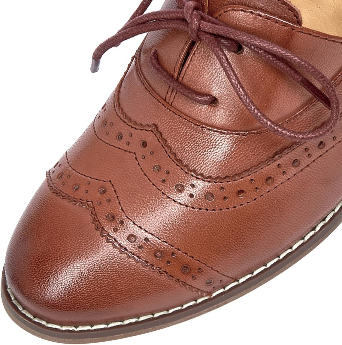 Mona flying Womens Leather 4 cm Mid Chunky Heel Wingtip Oxfords Brogue Lace up Dress Pumps Heel Office Work Shoes for Ladies - Image 4