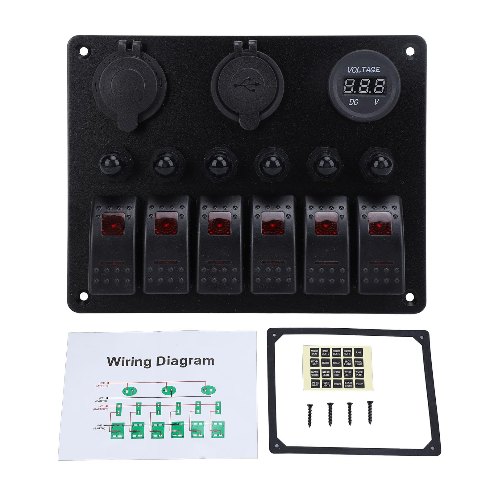 Acouto Panneau d'Interrupteur à Bascule DC 12-24 V 6 Gangs avec Surcharge, Double USB et Voltmètre Numérique pour Bateaux, Camping-cars, Panneau d'Interrupteur à Bascule 6 Gangs Interrupteur à