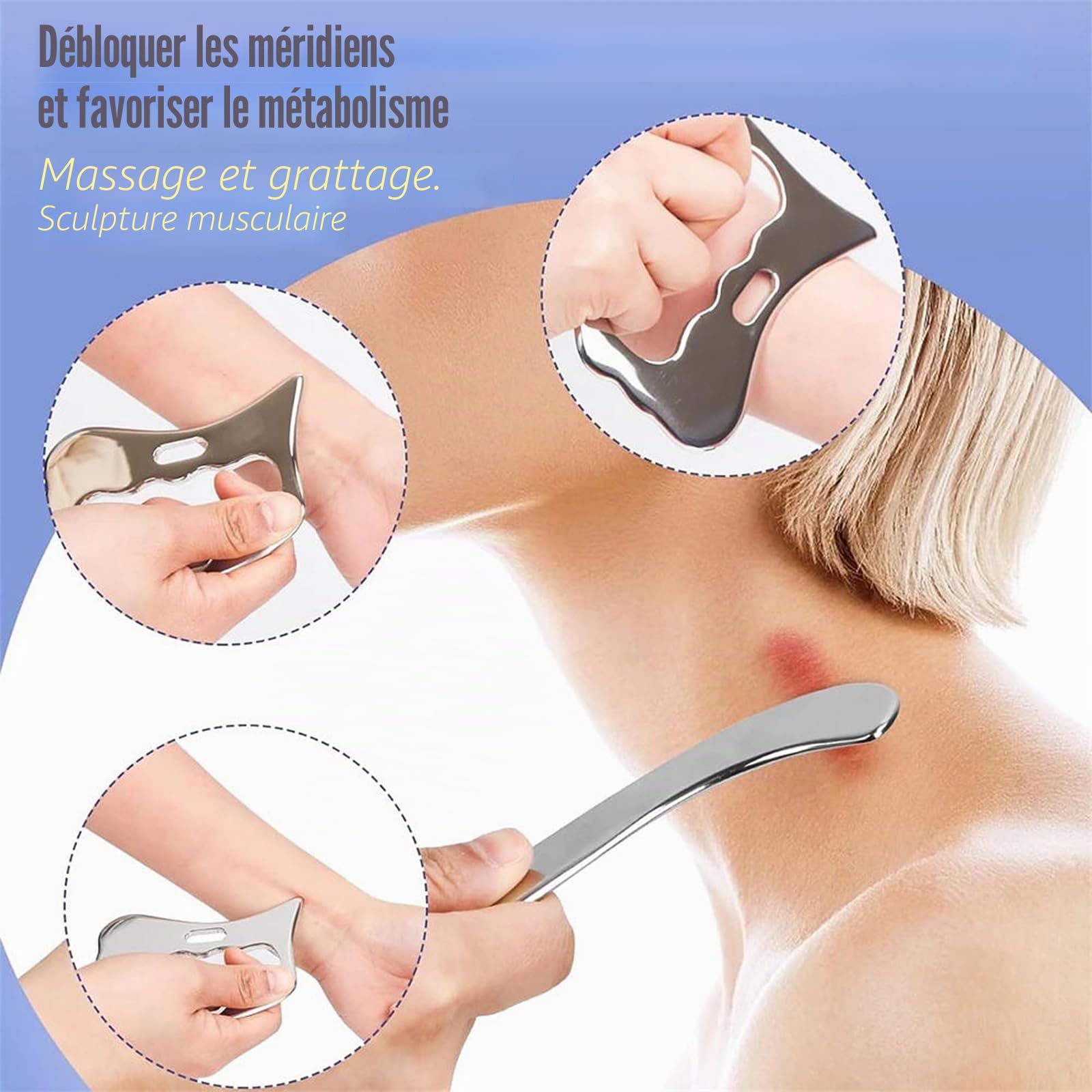Outil de massage Gua Sha 3 en 1 en acier inoxydable - Guasha pour Sculpter la Ligne de la Mâchoire pour la thérapie physique, Derma Edge GuaSha-Outil de massage GuaSha - Outil IASTM pour la relaxation
