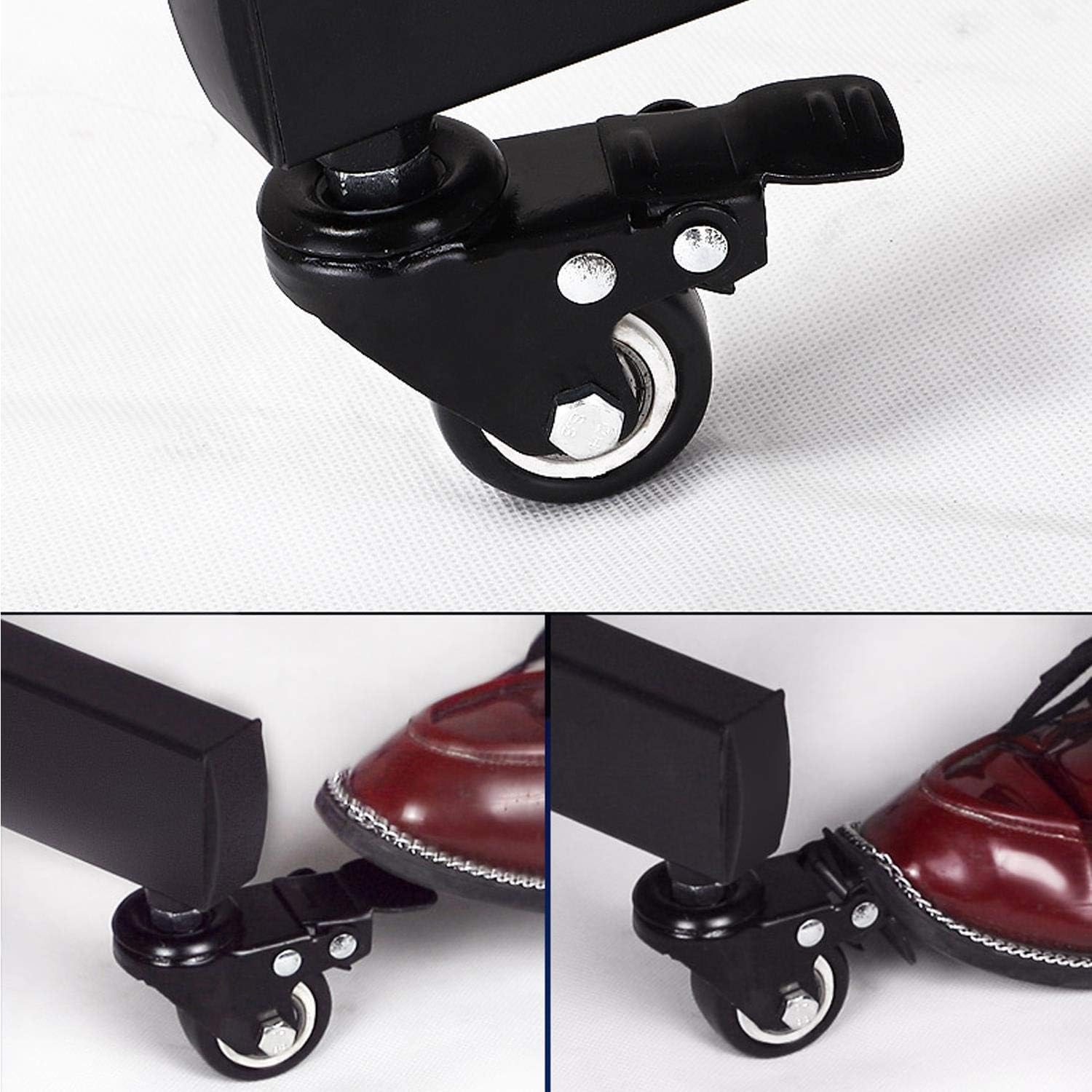 Close-up image showing the locking mechanism of a wheel, with a foot pressing down to engage the brake