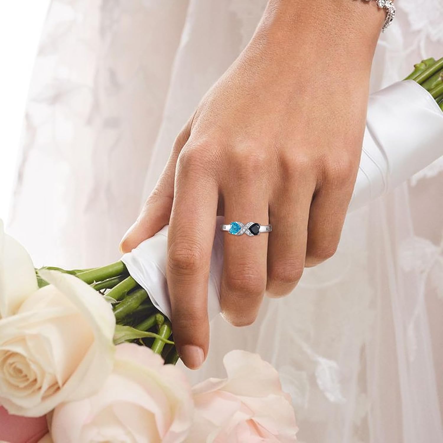 Gemszoo Personalized Sterling Silver Birthstone Ring with 2 Heart Stones Custom Name Engraved Infinity Promise Ring for Women Wife Mom