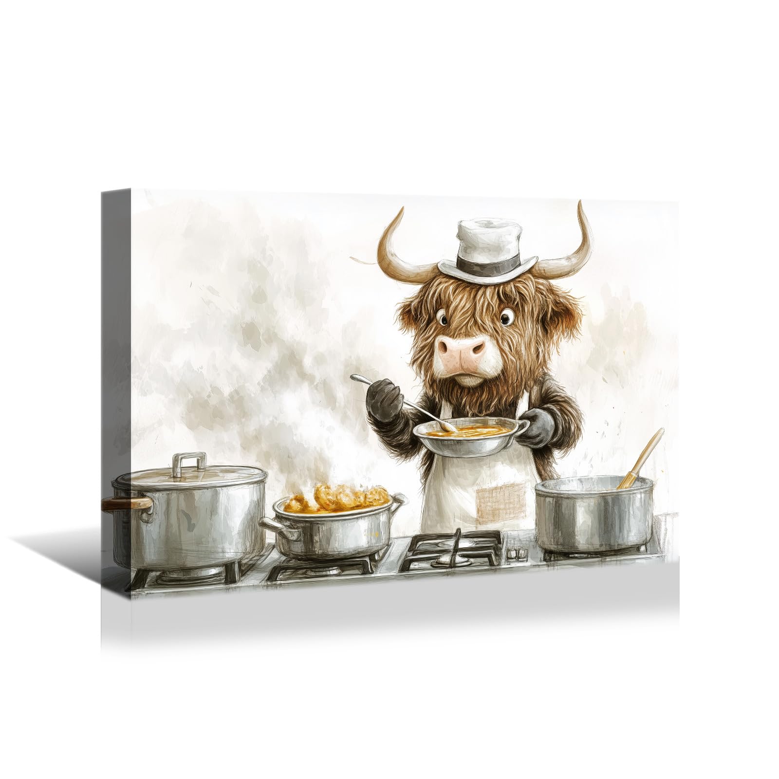 superbpag Kitchen Wall Art Funny Cow Wrapped Canvas Prints - 36x24 inches Highland Cow Cooking Enticing Food Picture Kitchen Wall Decor for Dining