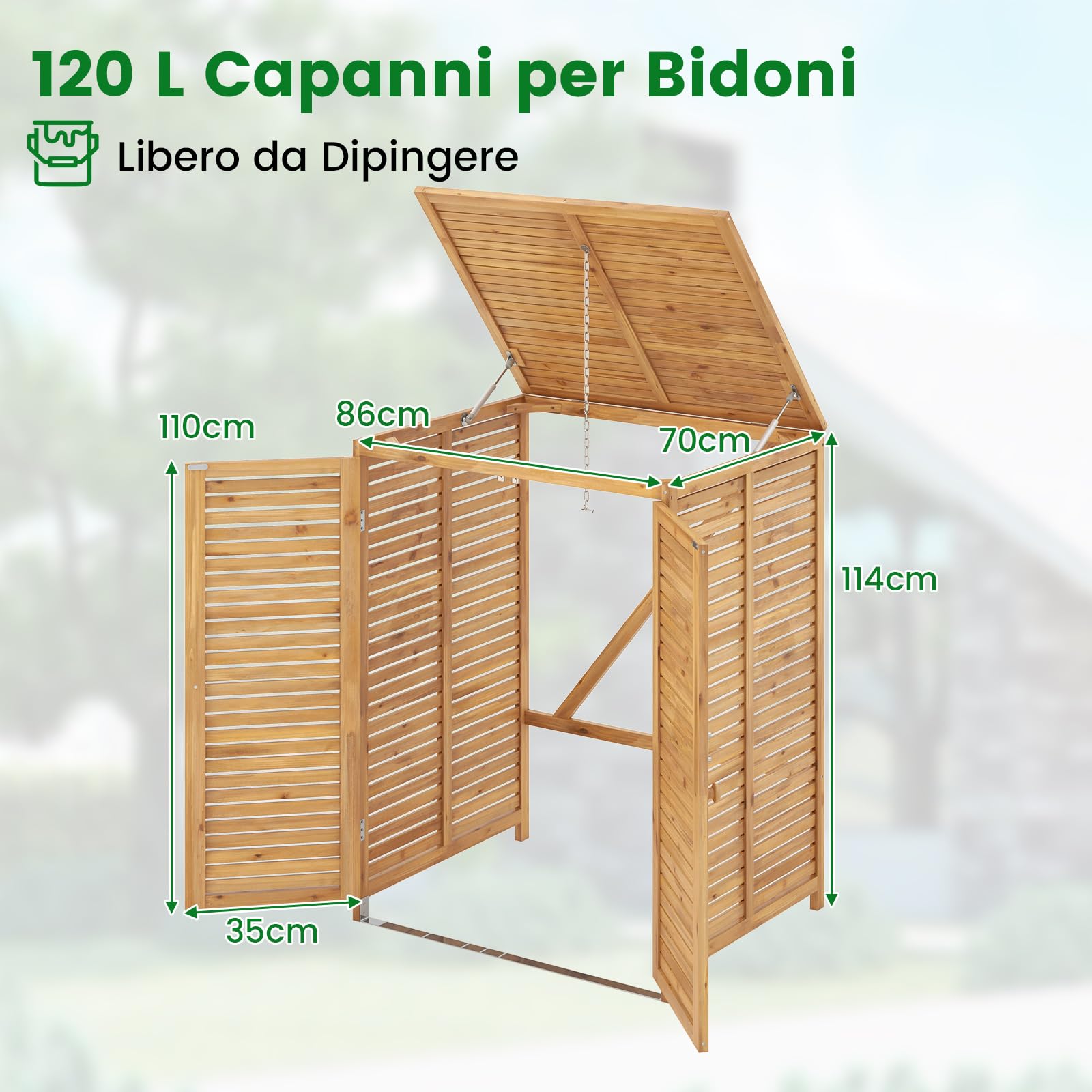 RELAX4LIFE Contenitore per Rifiuti da 120 L, Resistente alle Intemperiein Legno di Abete, con Coperchio a Ribalta e Catena Metallica, Porta Bloccabile