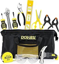 DOWELL 11 Stück Werkzeuge Set Gelb, Werkzeugsatz mit Aufbewahrungstasche für Heimdekoration, DIY Gebäude und Holzbearbeitung, Alter 14+