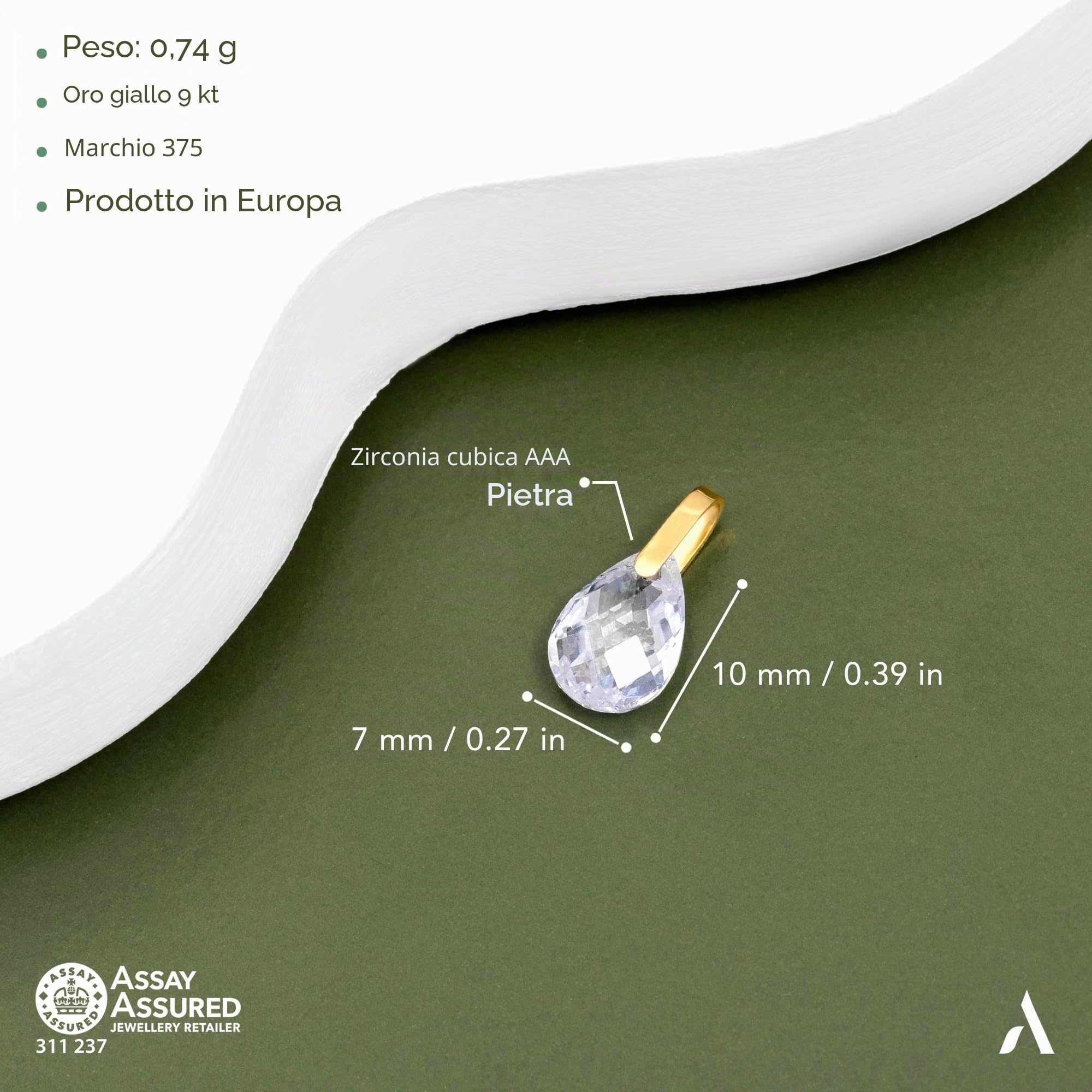 Amberta Ciondolo Donna in Oro 9 Carati | Punto Luce Con Zircone | Senza Collana