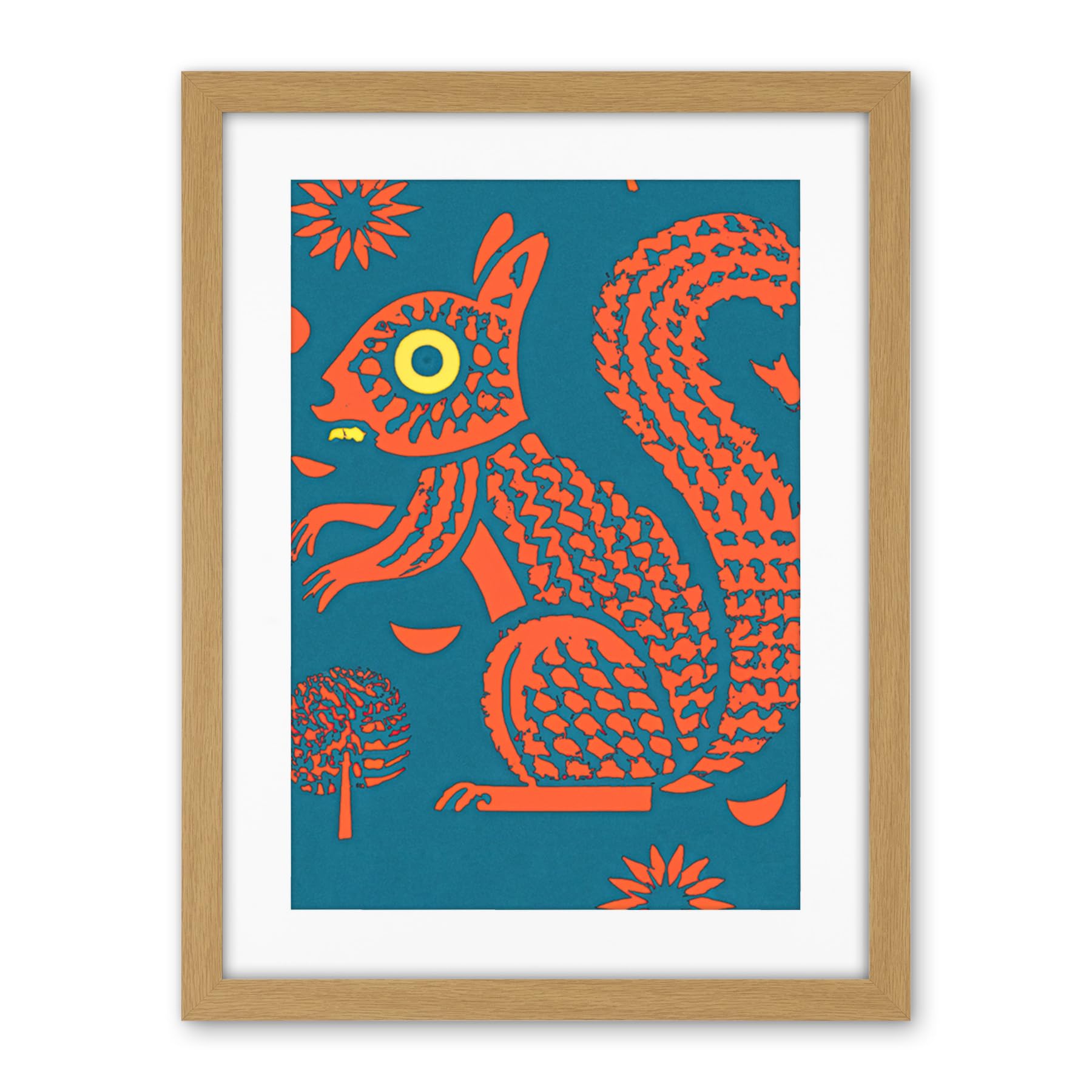 Artery8 Squirrel Colour Block Modern Folk Art Linocut Artwork Framed Wall Art Print 18X24 Inch