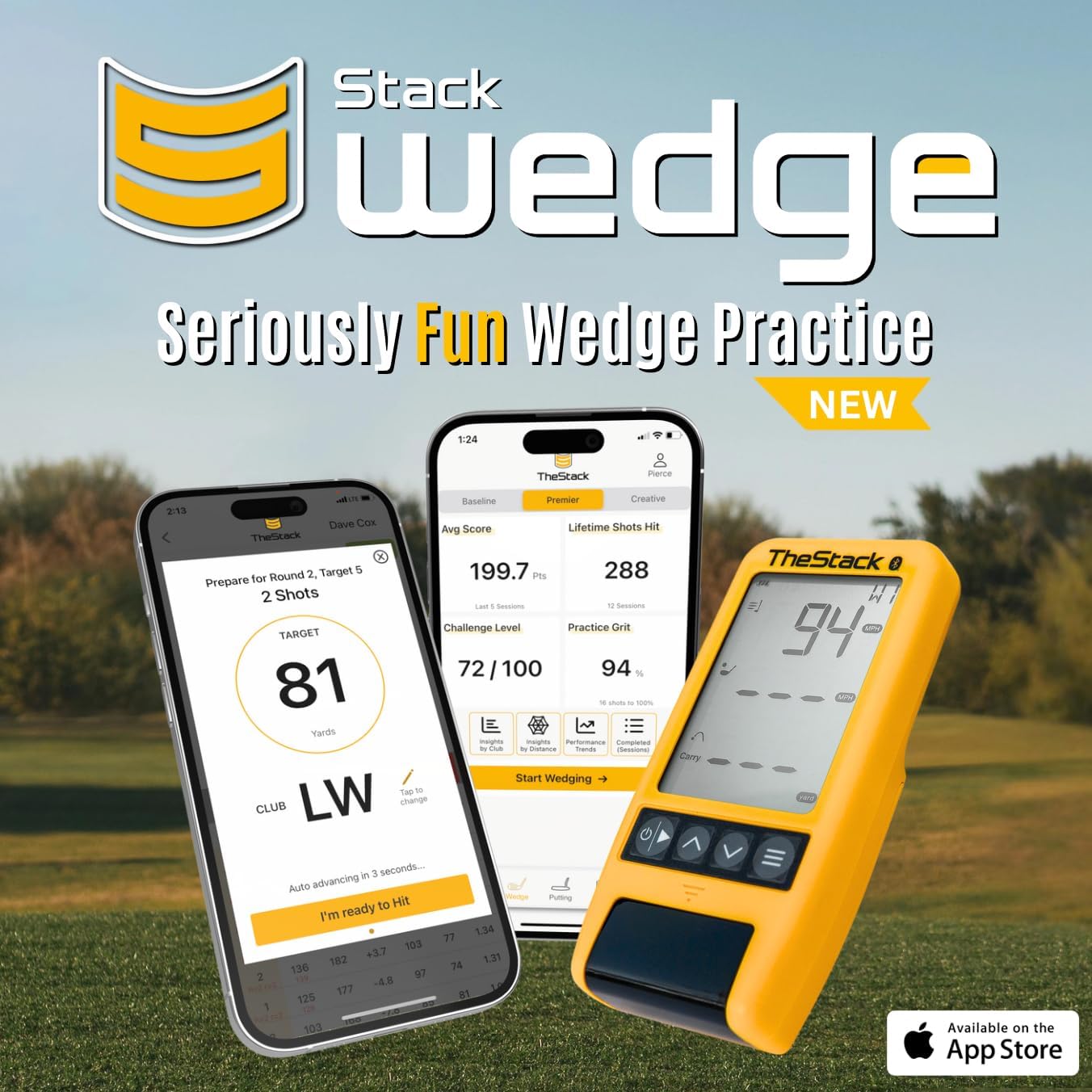 TheStack Wedge app interface with a golf launch monitor and smartphone.