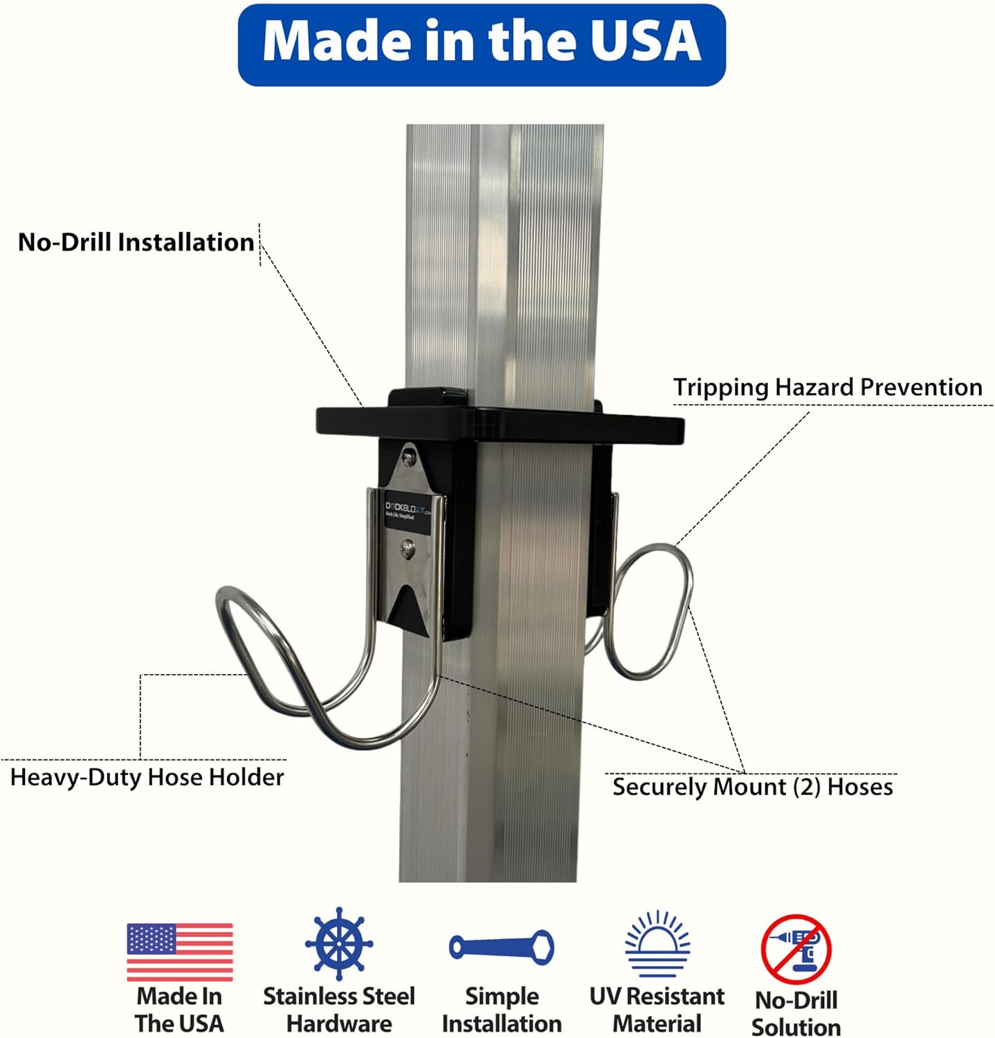 Heavy Duty Secure Hose Holder for Docks - UV & Rust-Resistant, Marine-Grade, Easy No-Drill Installation, Made in the USA– Fits a 3" Square Post