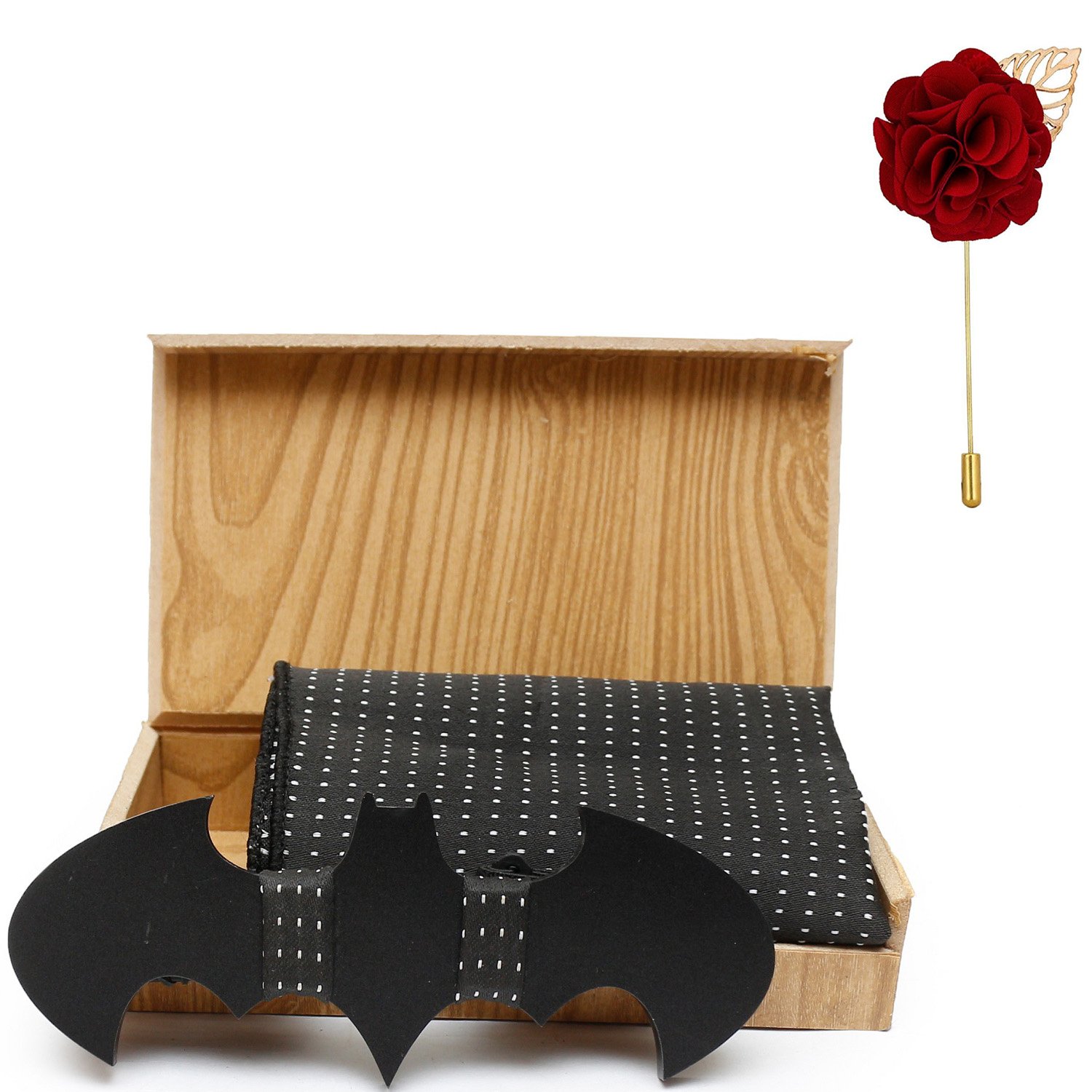 MENSOME Men's Acrylic Wooden Bow Tie with Pocket Square & Flower Brooch - Pack of 3 (Mnsm-Wbpslpl15, Black)