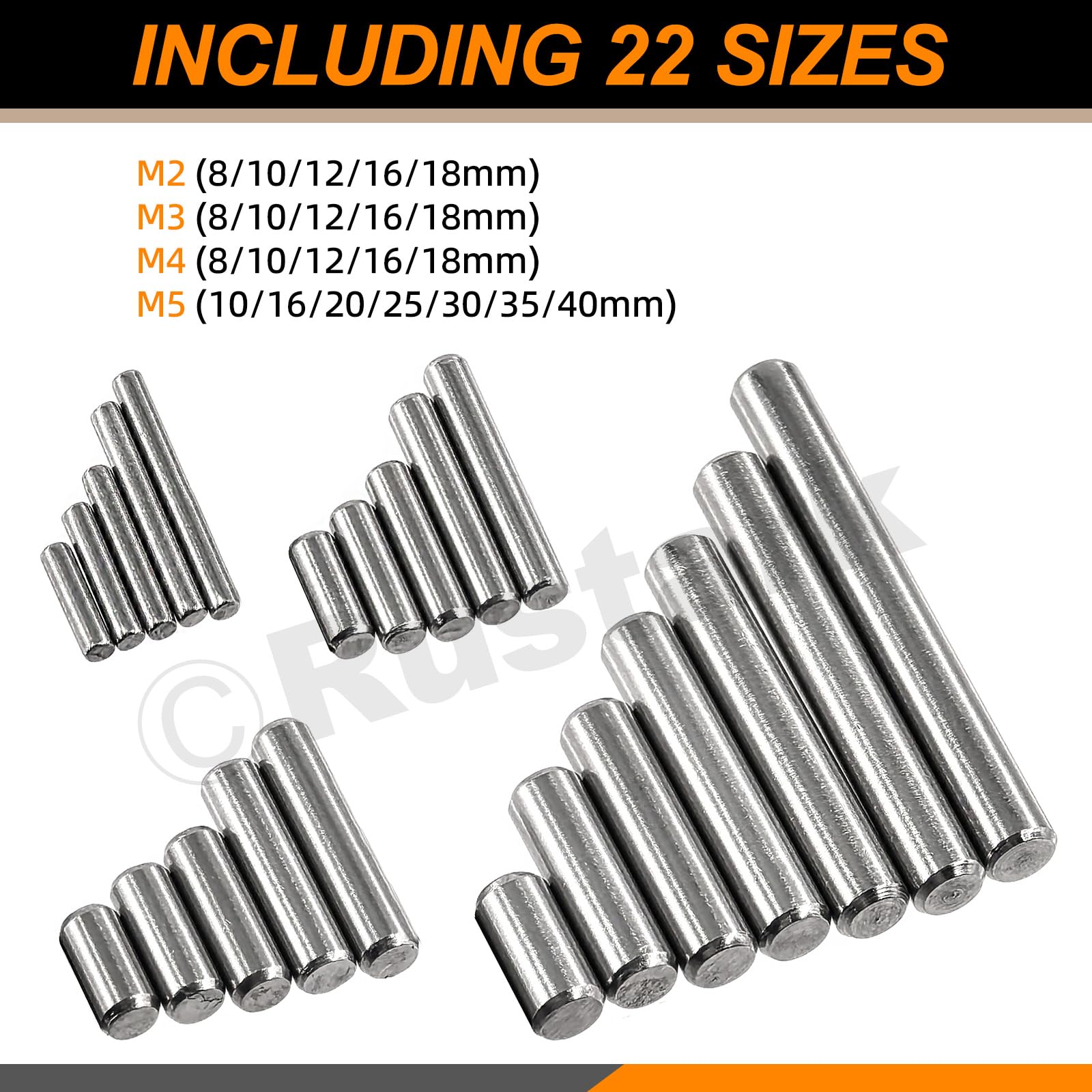 Rustark 110Pcs 22 Sizes M2 M3 M4 M5 304 Stainless Steel Dowel Pin Assortment Kit Cylindrical Shelf Support Pegs Pin Rod Fastener Elements for Mechanical Manufacturing Industry - Image 4