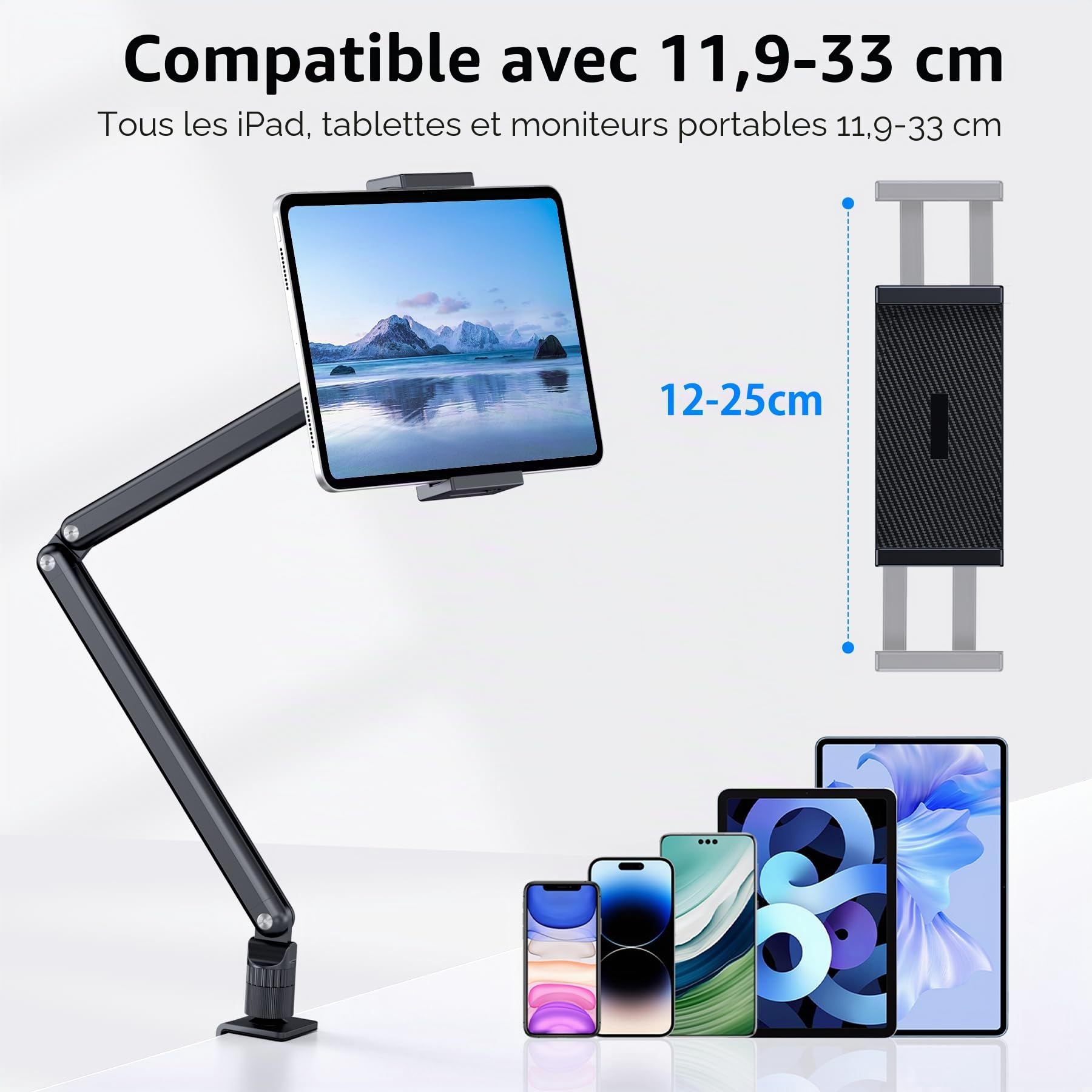 Support de tablette en aluminium avec base métal rotative 360° convient pour iPad Air Pro Mini, téléphones, Samsung Galaxy, Kindle, tous les appareils