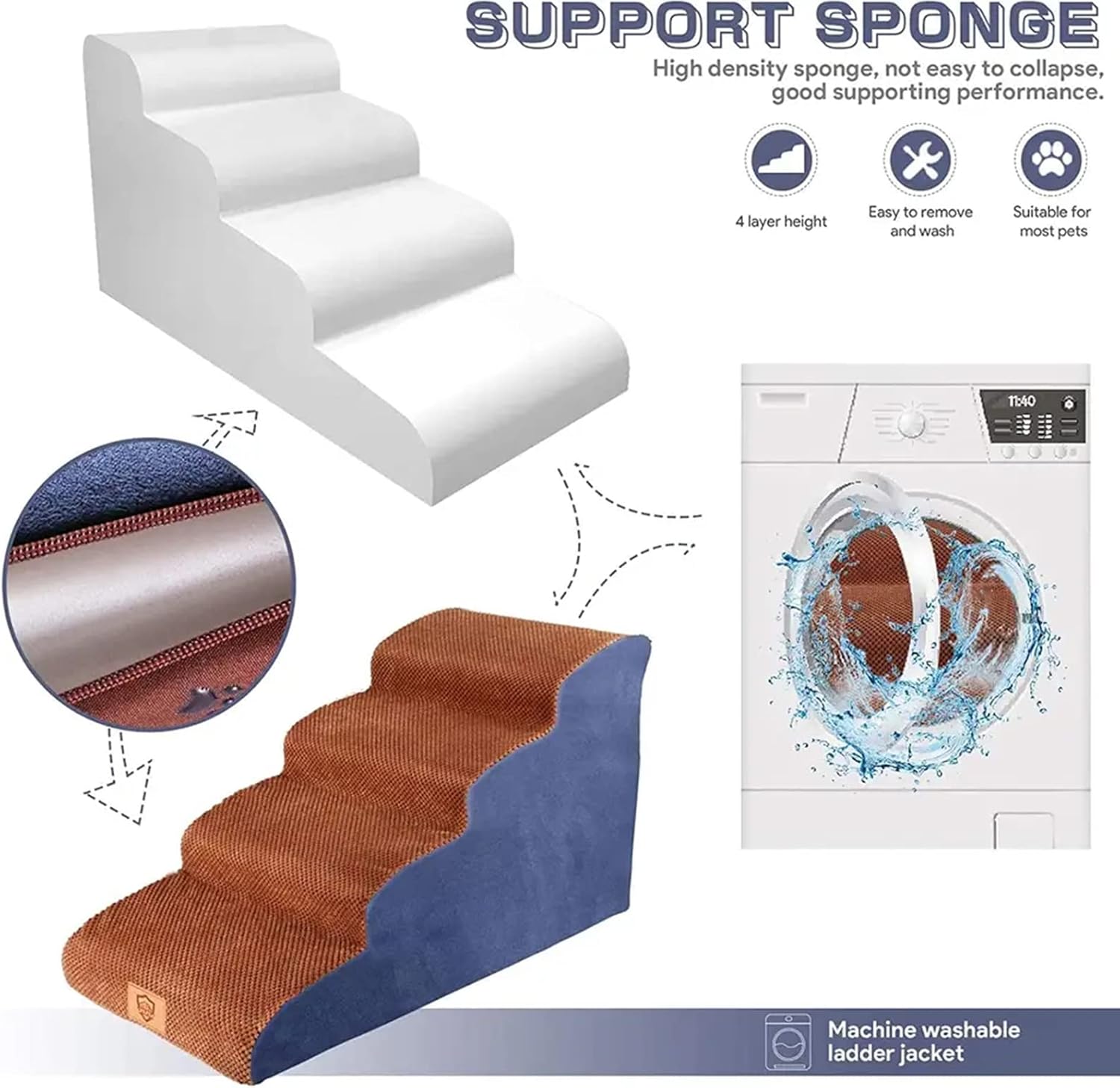 4 Tiers Dog Stairs for High Beds or Sofa, High Density Sponge Non-Slip Dog Steps Stairs Ramps for Small Dogs and Cats with Removable Washable Cover