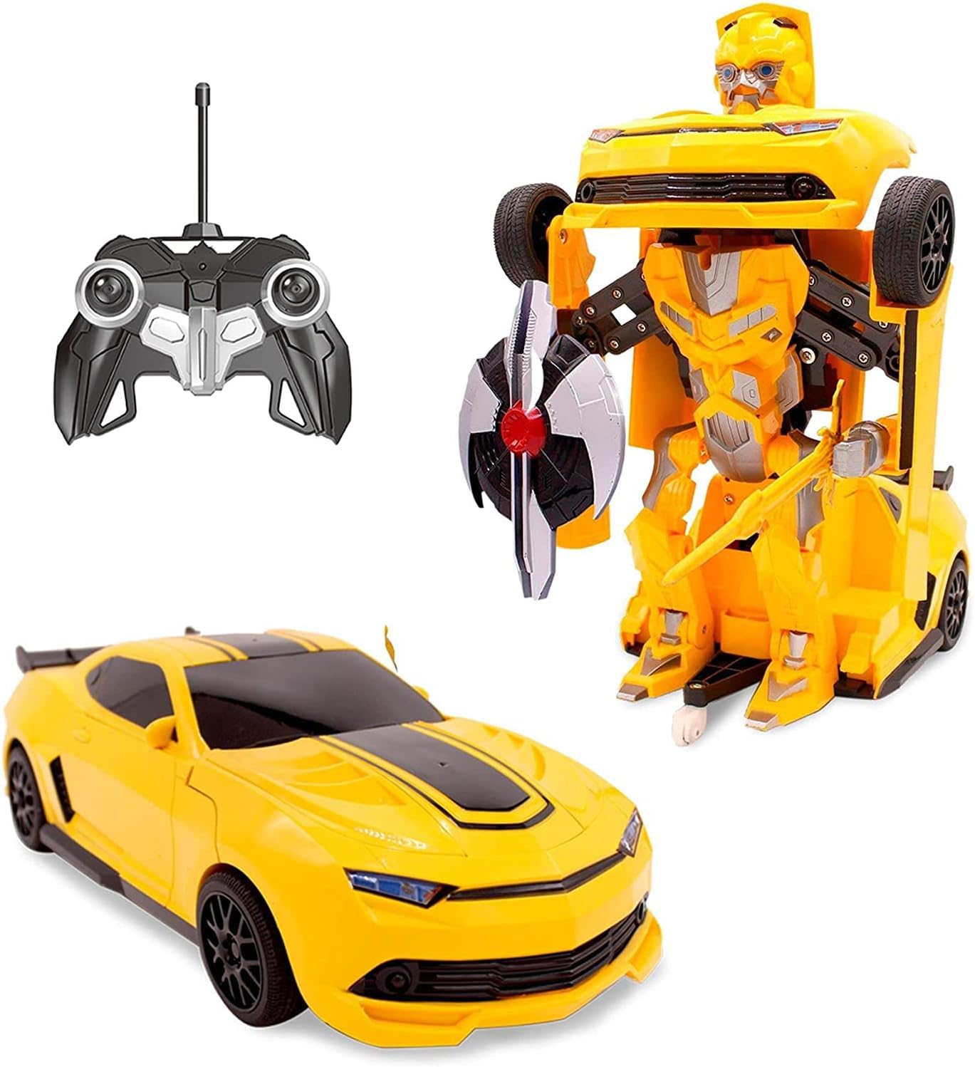 ZEEBO Toy Sports Car Transforming Robot Remote Control with One Button Transformation, Realistic Engine Sounds, 360 Speed Drifting, Sword and Shield Included Toys for Boys 1:14 Scale Yellow