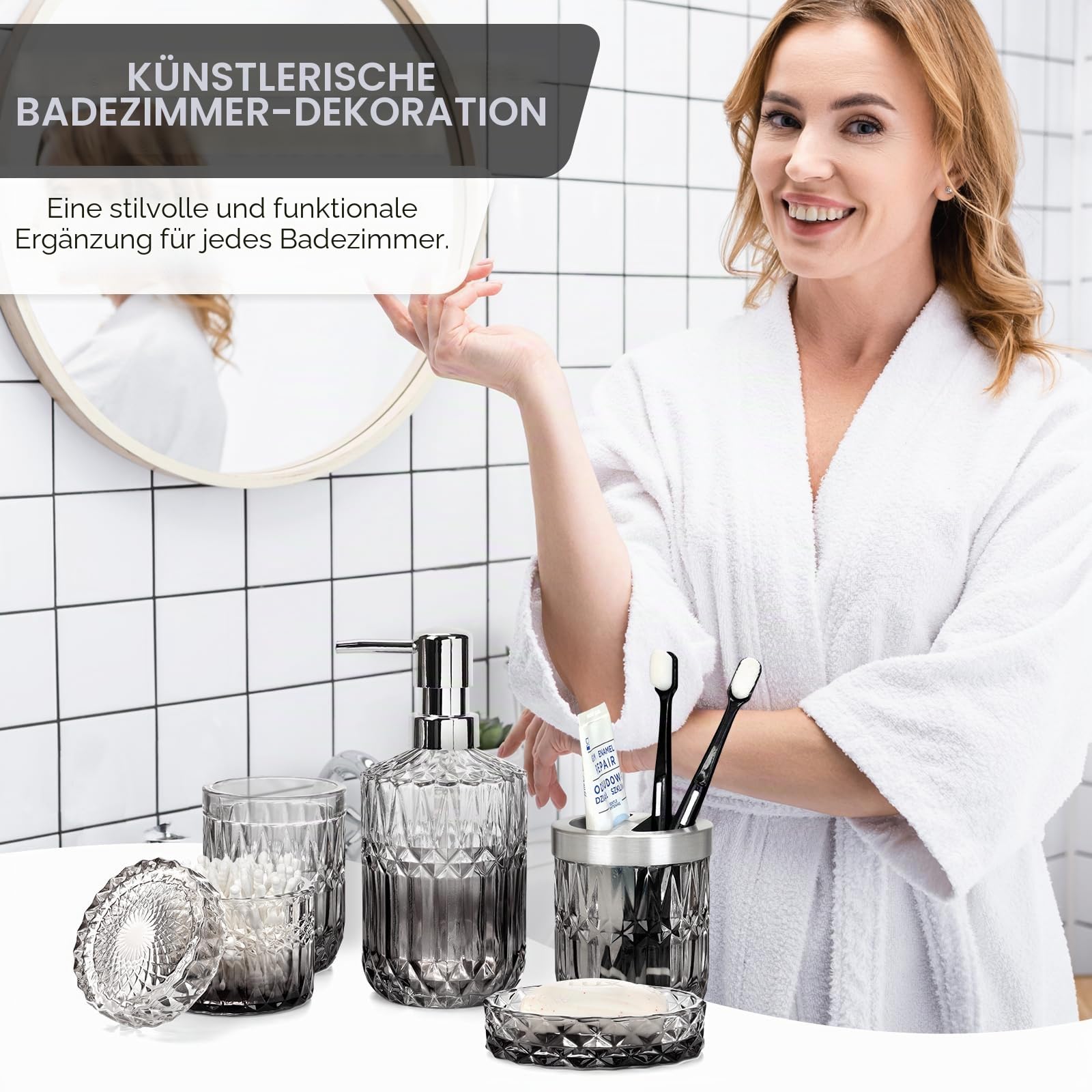 5 Stück Glas Badezimmer Zubehör Sets, Seifenspender Set mit Seifenspender, Seifenschale, Zahnbürstenhalter, Wattestäbchen Kanister, Becher, Badezimmer Deko Set, Badezimmer Organizer