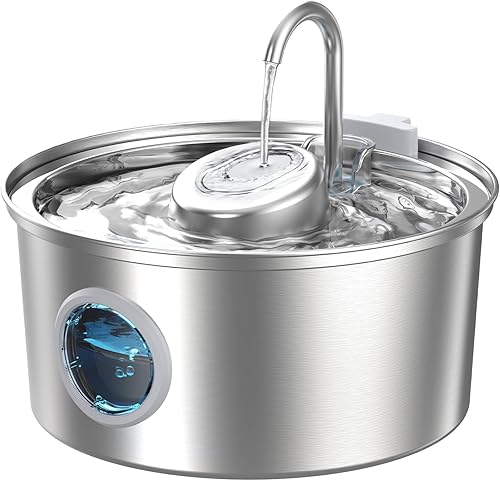 KOOGMOON Fuente de agua de acero inoxidable de 108 onzas para gatos, con ventana de nivel de agua, forma hemisférica, multifiltro, bomba silenciosa,