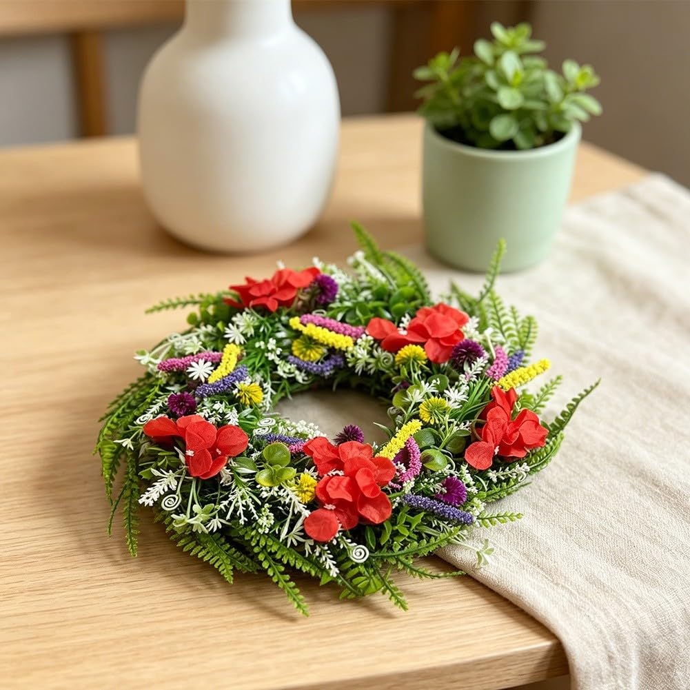 Generisch Ghirlanda per fiori selvatici, 45 cm, in plastica, resistente | Design realistico, mix di fiori selvatici, per interni ed esterni, diametro 45 cm, materiale resistente alle intemperie (45
