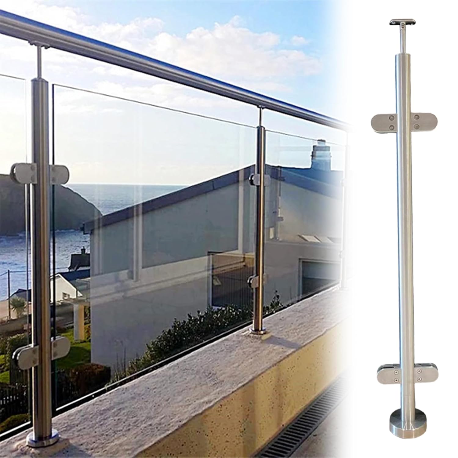 Glass Stair Railing Post System Stainless Steel 304 Staircase Handrail Balusters with Glass Clamp and Rubbers, Silver Metal Balustrade 110cm Suitable for Stairs, Terraces, Gardens