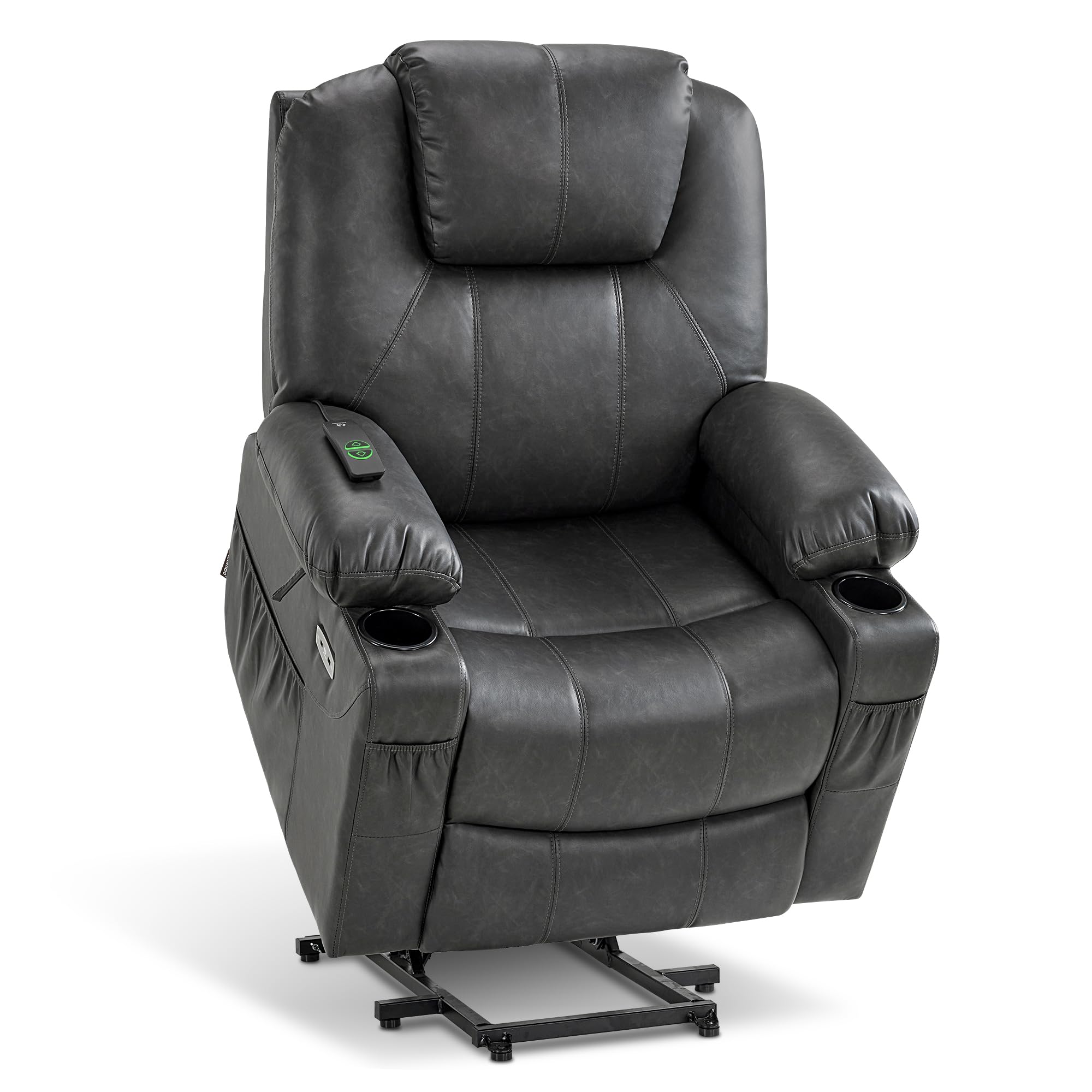 MCombo Electric Power Lift Recliner Chair Sofa with Massage and Heat for Elderly, 3 Positions, 2 Side Pockets, and Cup Holders, USB Ports, Faux Leather 7040 (Grey, Medium) Medium Grey